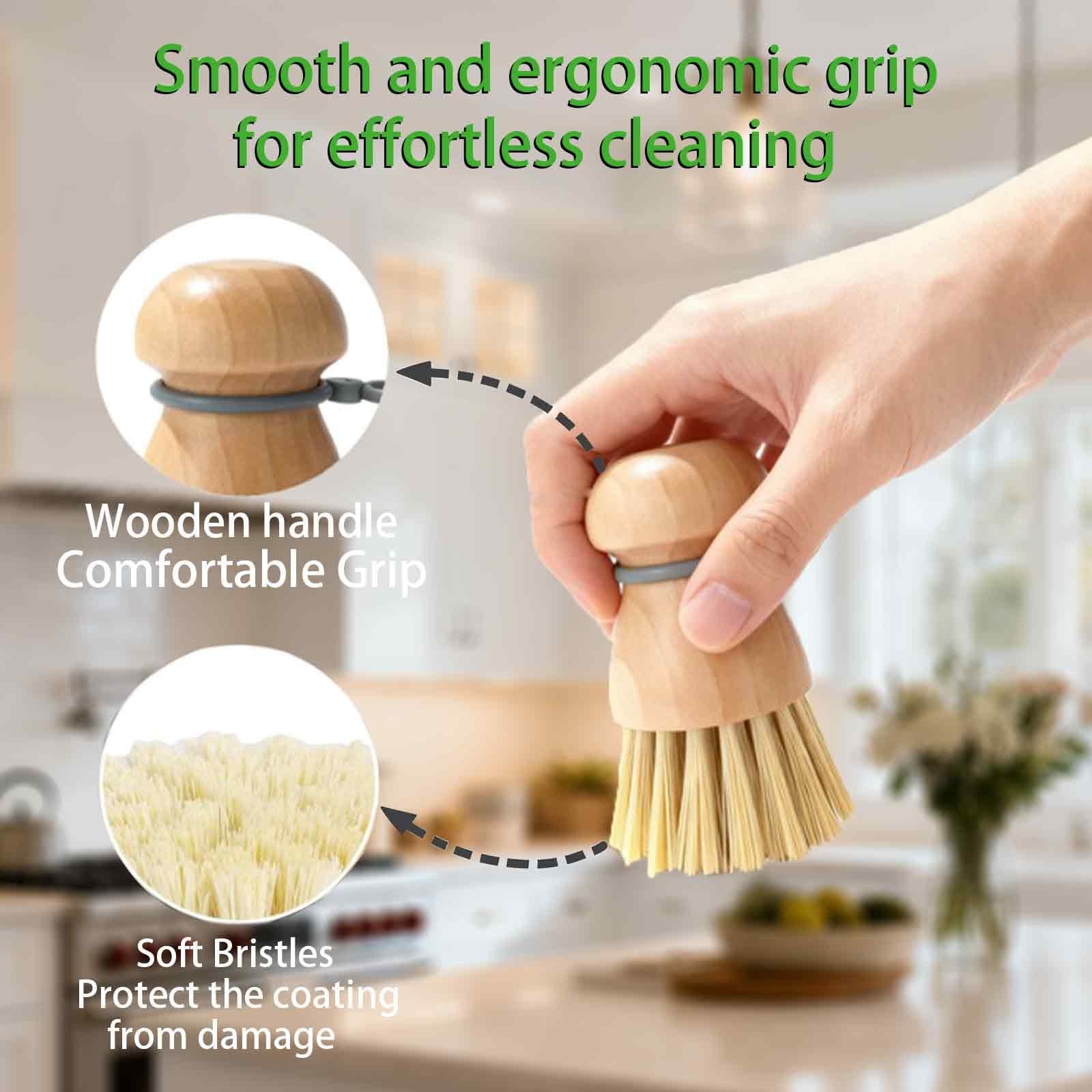 TELUNSHI 2 Pack Wooden Dish Brush, Compact Palm Dish Scrubber with Soft Rubbe…