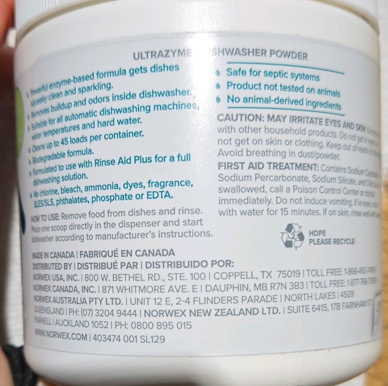 NEW Norwex UltraZyme Dishwasher Powder 450g 15.87oz Biodegradable Scent Free