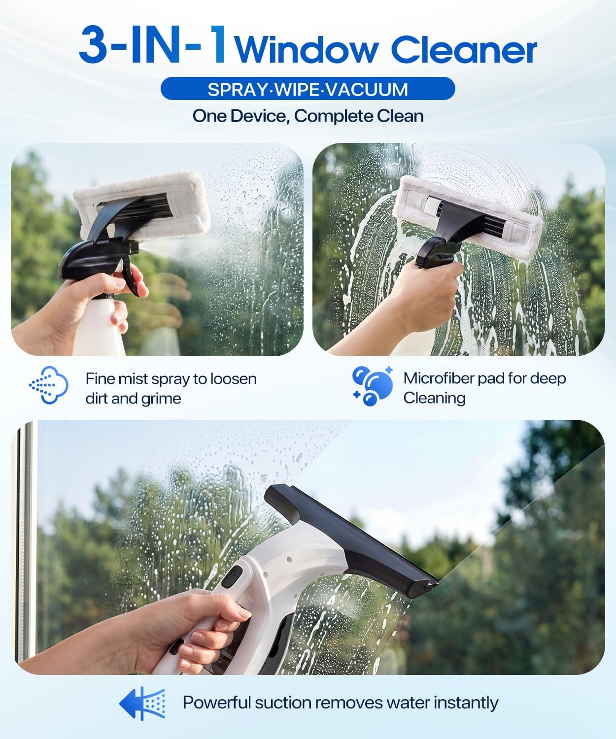 Window Vacuum Squeegee Cordless, 3-in-1 Electric Window Cleaner Tool with Spr…