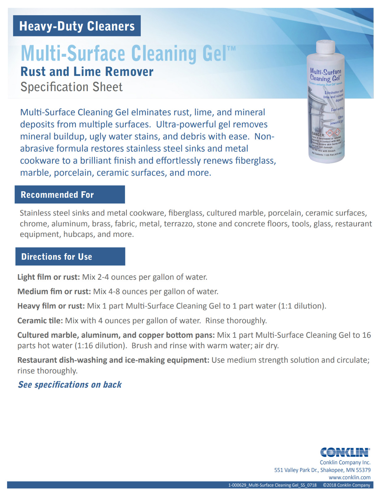 Multi-Surface Cleaning Gel- mineral, lime, and rust remover, CASE of 6 Pints