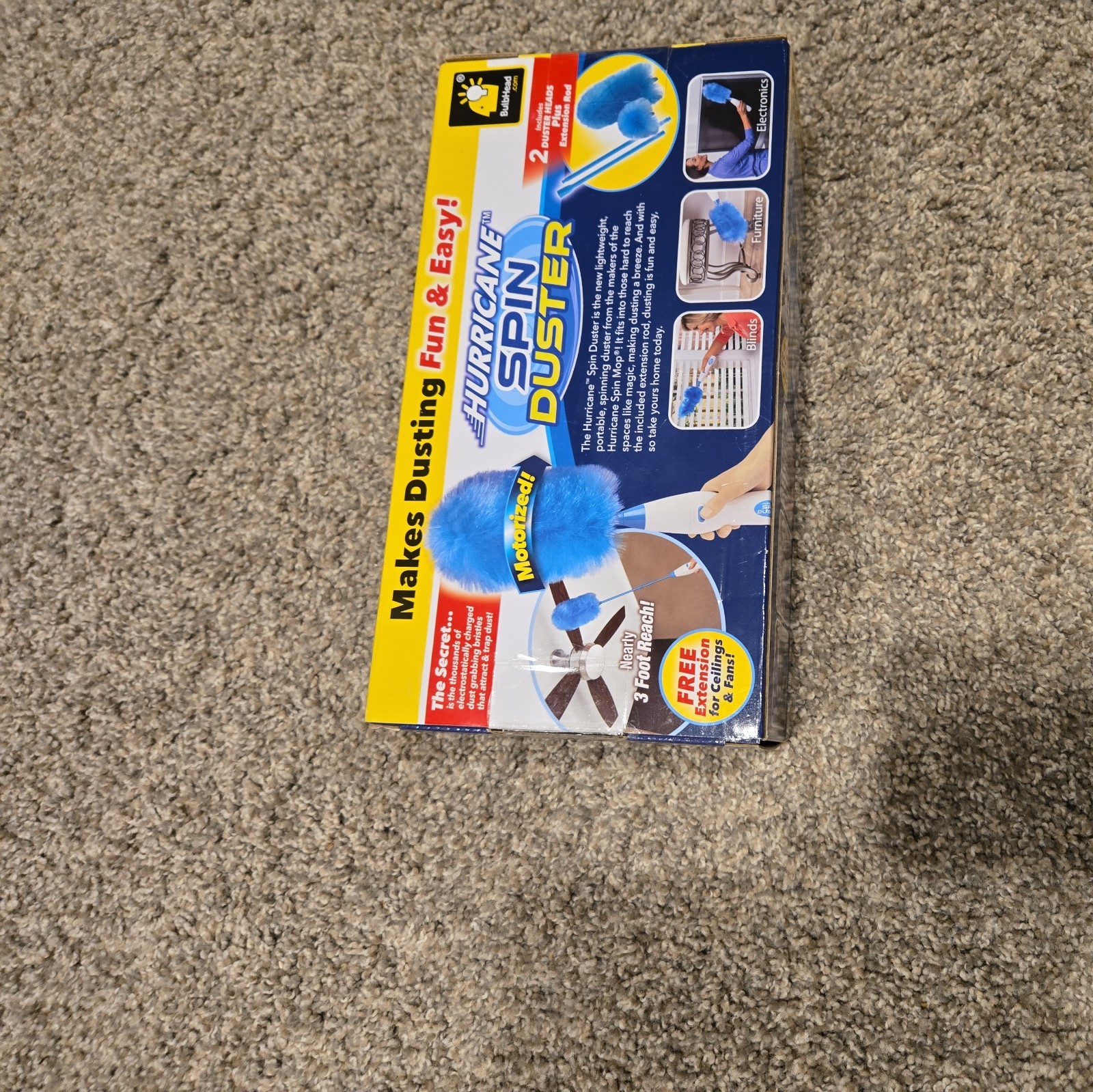 Hurricane Spin Duster Motorized Dust Wand w/Extension For Ceiling Fans.