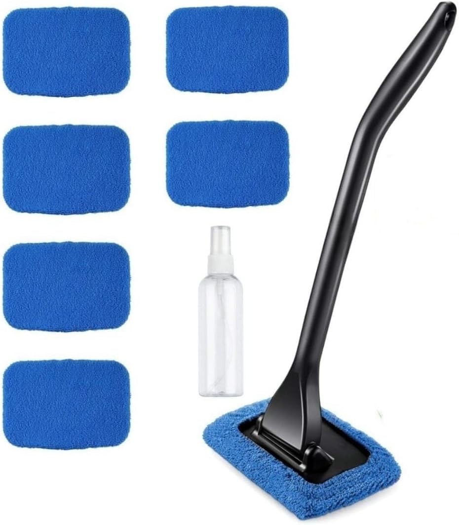 Car Window Cleaner with 180-Degree Rotating Head & Reusable Microfiber Bonnets