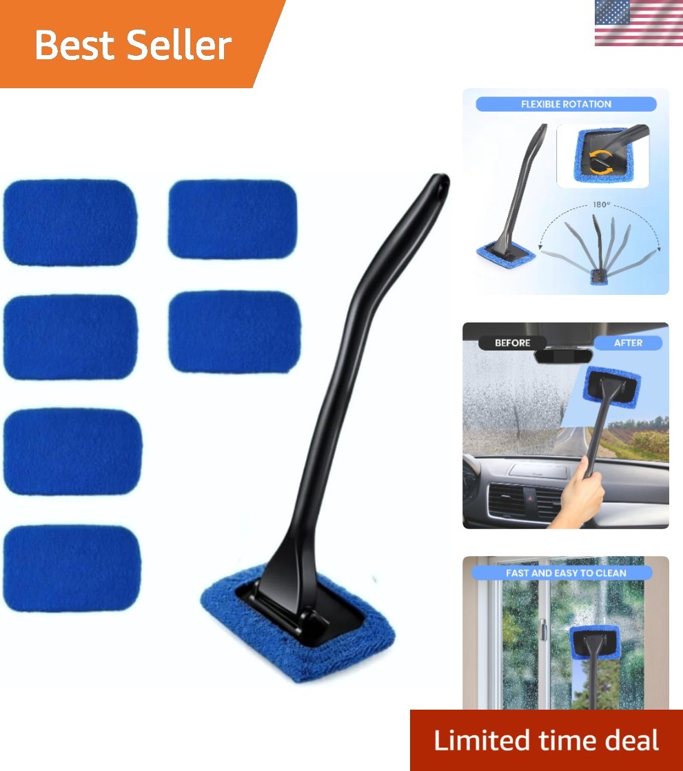 Professional Car Window Cleaner with 5 Microfiber Covers & 180° Rotating Tool