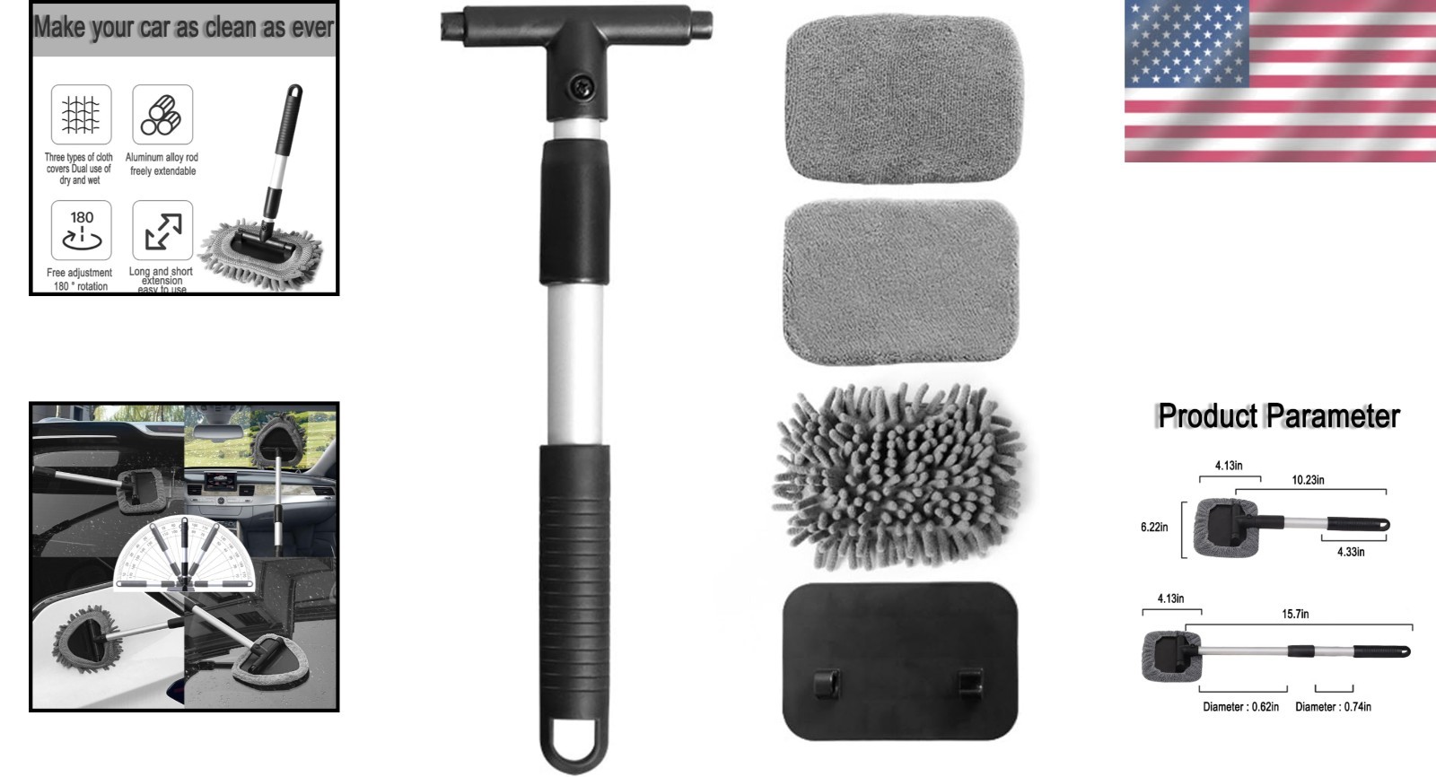 Compact 3-in-1 Vehicle Cleaning Brush with Telescopic Handle for Optimal