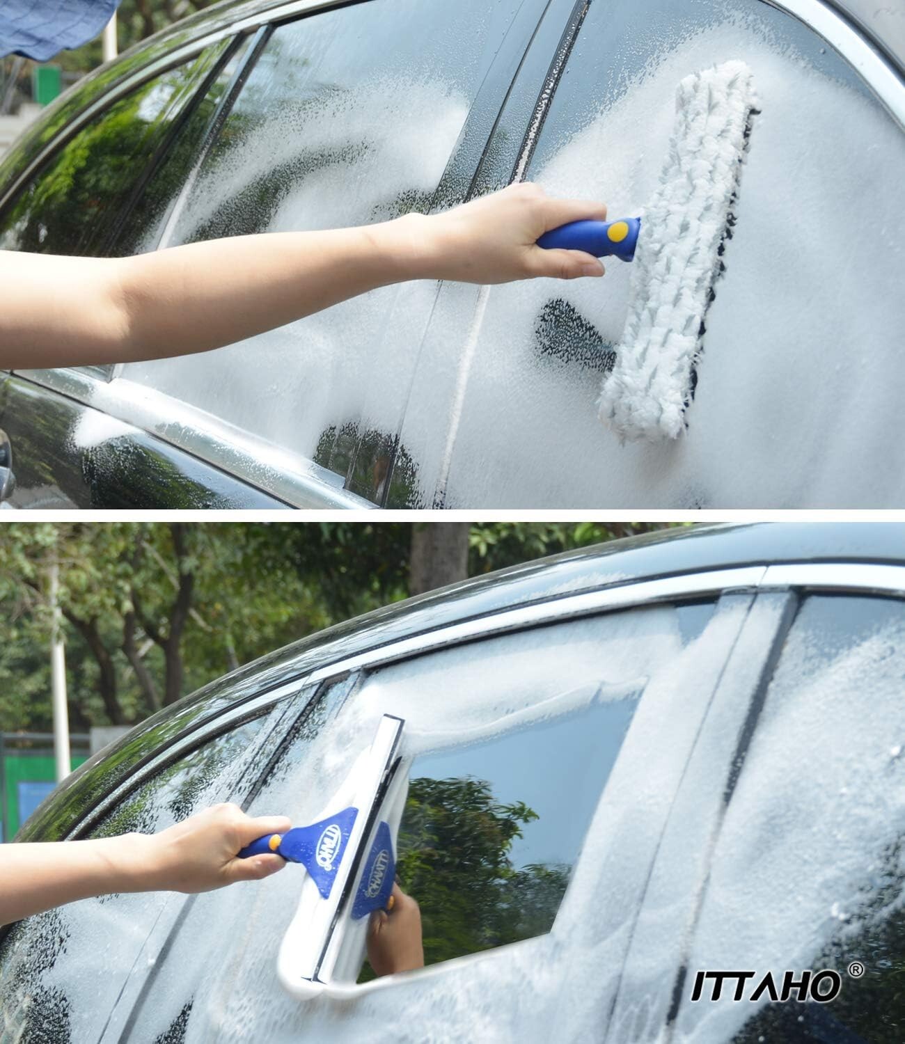 ITTAHO Squeegee for Window Cleaning,12″ Squeegee and 11″ Microfiber Scrubber Com