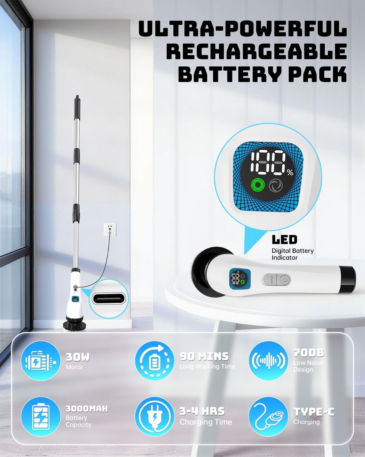 Cordless Electric Spin Scrubber – Long Handle Bathroom Cleaner with 7 Brush Head