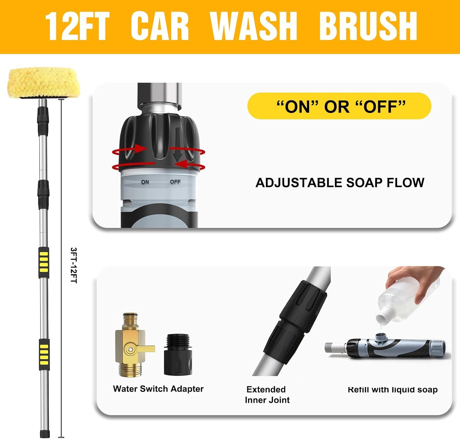 LAANPOLE 12FT Car Wash Brush with Long Handle, Car Cleaning Brush with 12 Inch