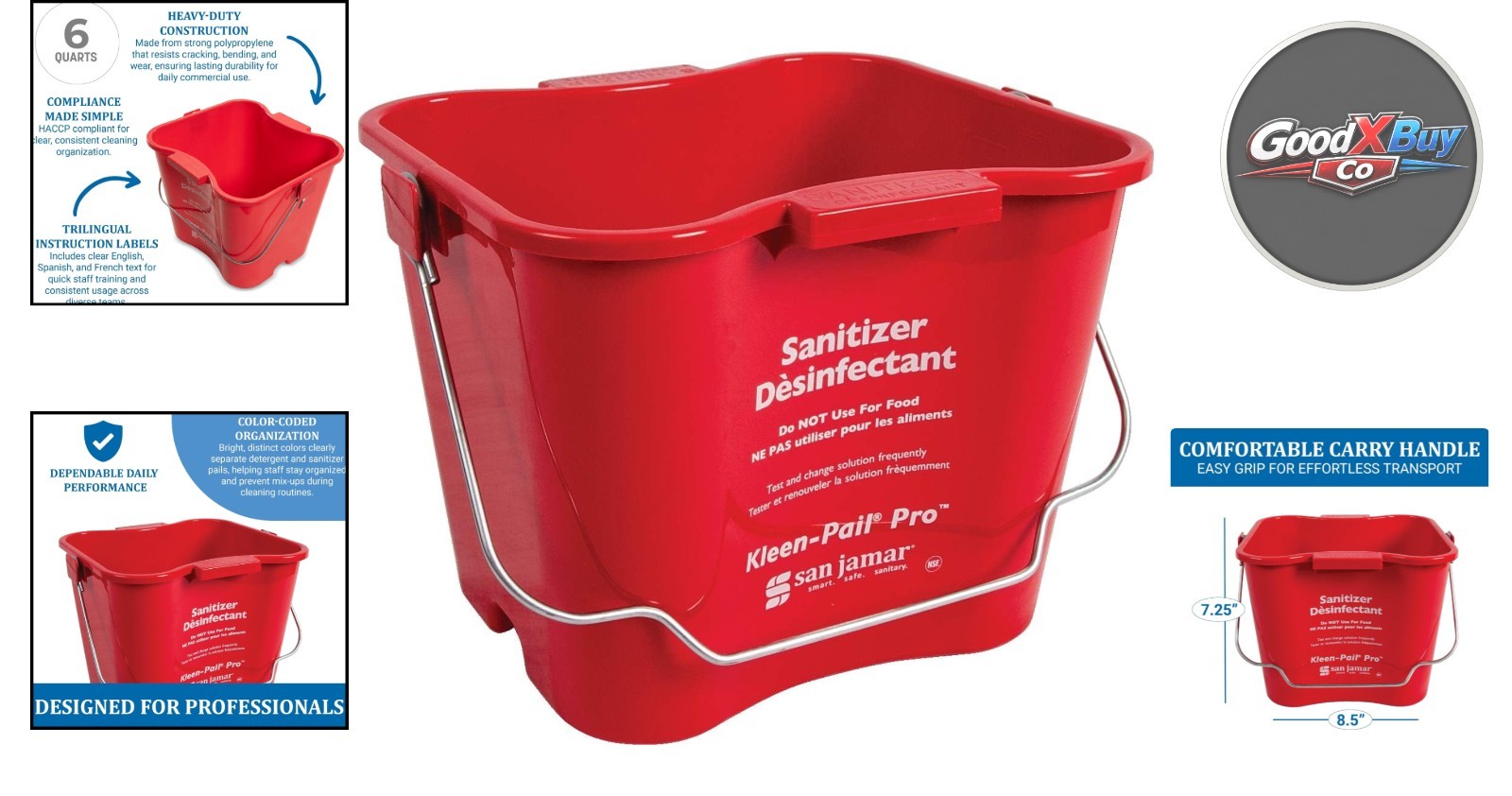 Kleen-Pail Pro 6 Qt Metal Bucket with Handle for Commercial Cleaning Red