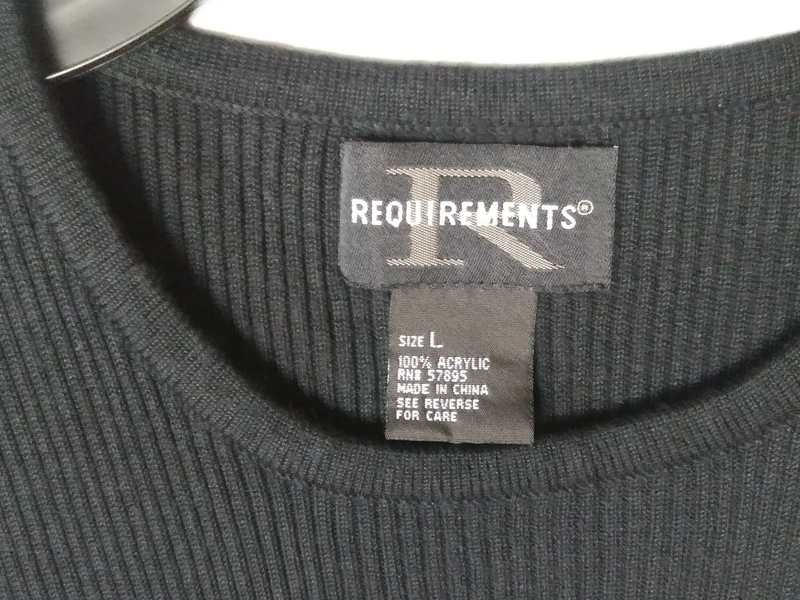 REQUIREMENTS KNIT TOP BLACK SIZE LARGE 100% ACRYLIC MACHINE WASH COLD DRY LOW NS