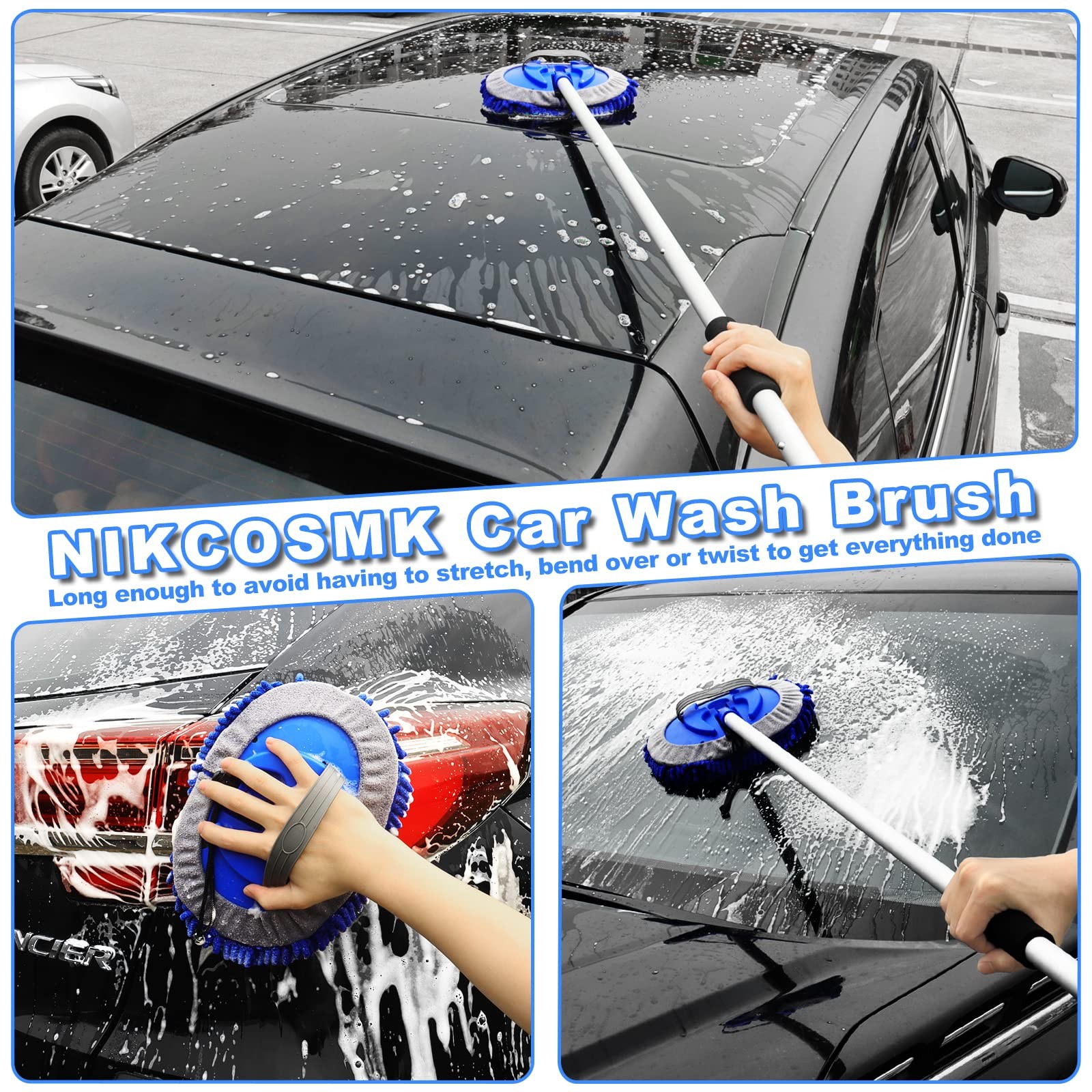 62” Car Wash Brush Kit Mitt Mop Sponge With Long Handle 1 Chenille Scratchfree