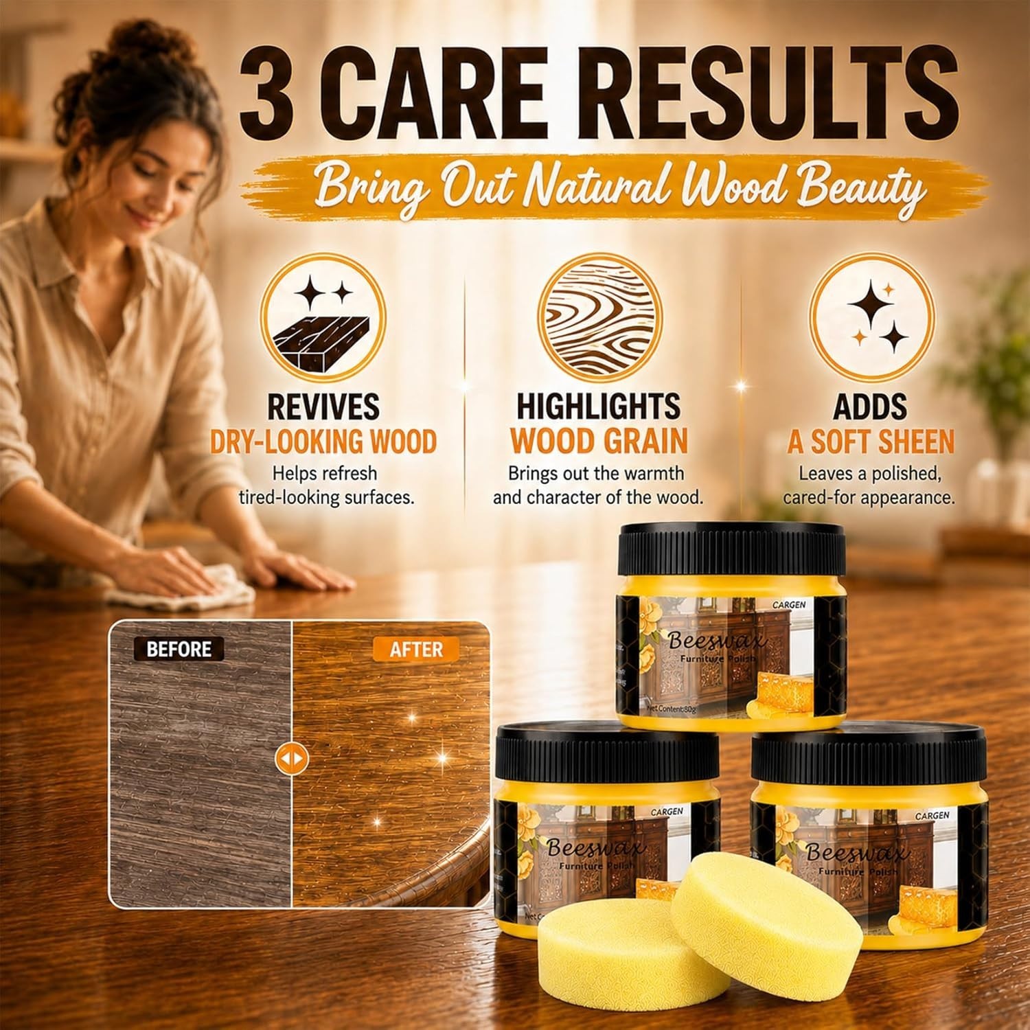 Beeswax Wood Polish – Restore and Enhance Shine for Antique Furniture, 3PC Set