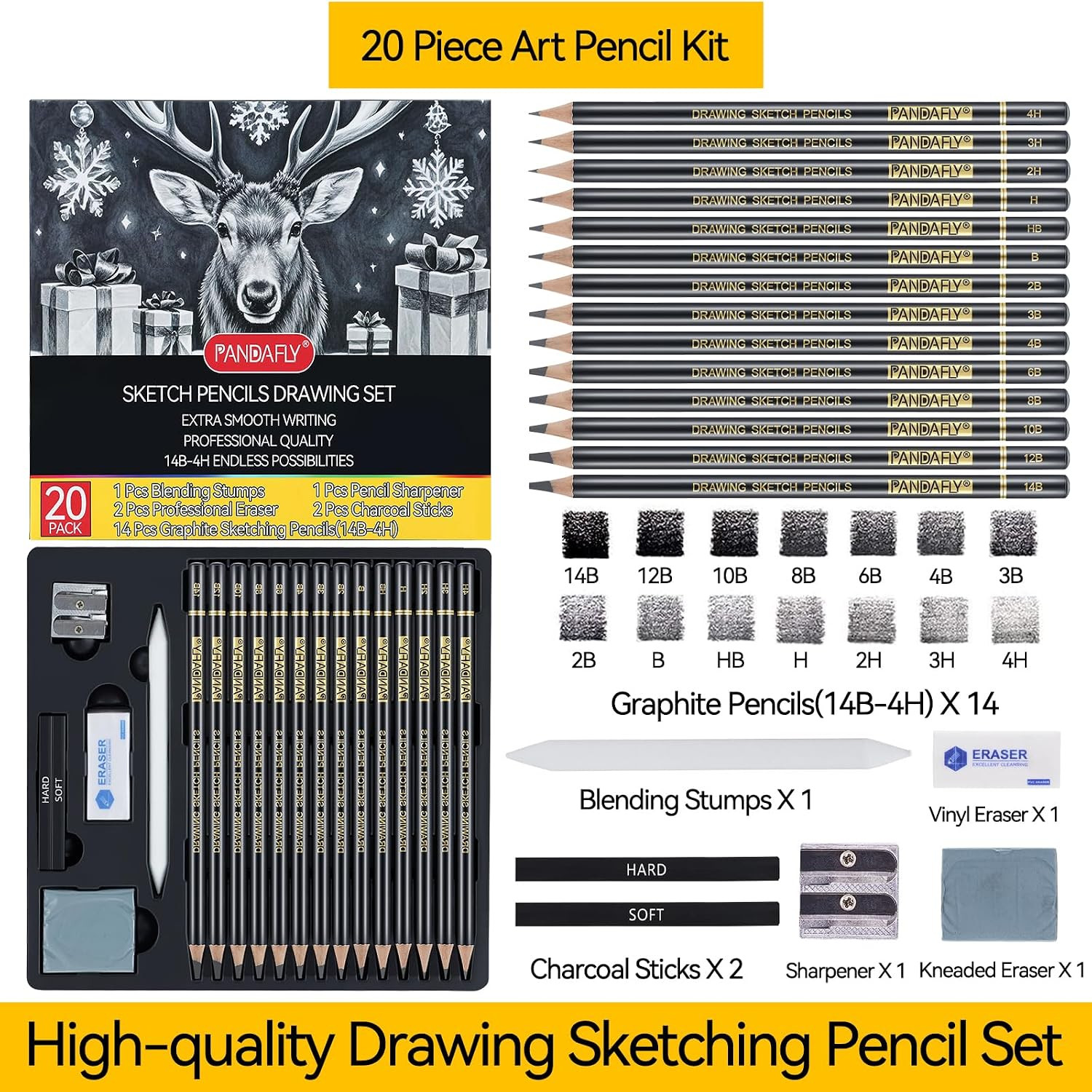 Drawing Sketching Pencil Set, 20 Piece Pro Art Pencil Kit, 4H-14B Graphite Penci