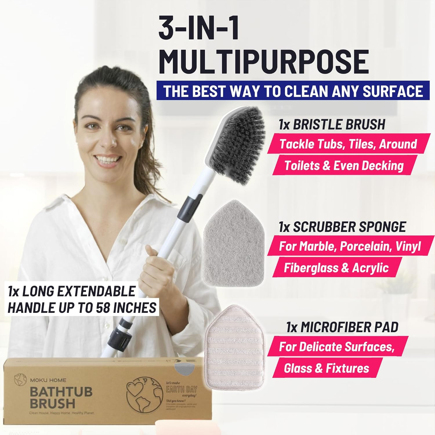 Shower Scrubber 3 in 1 Extendable Long Handle 58″ Cleaning Brush | Non-Scratch B