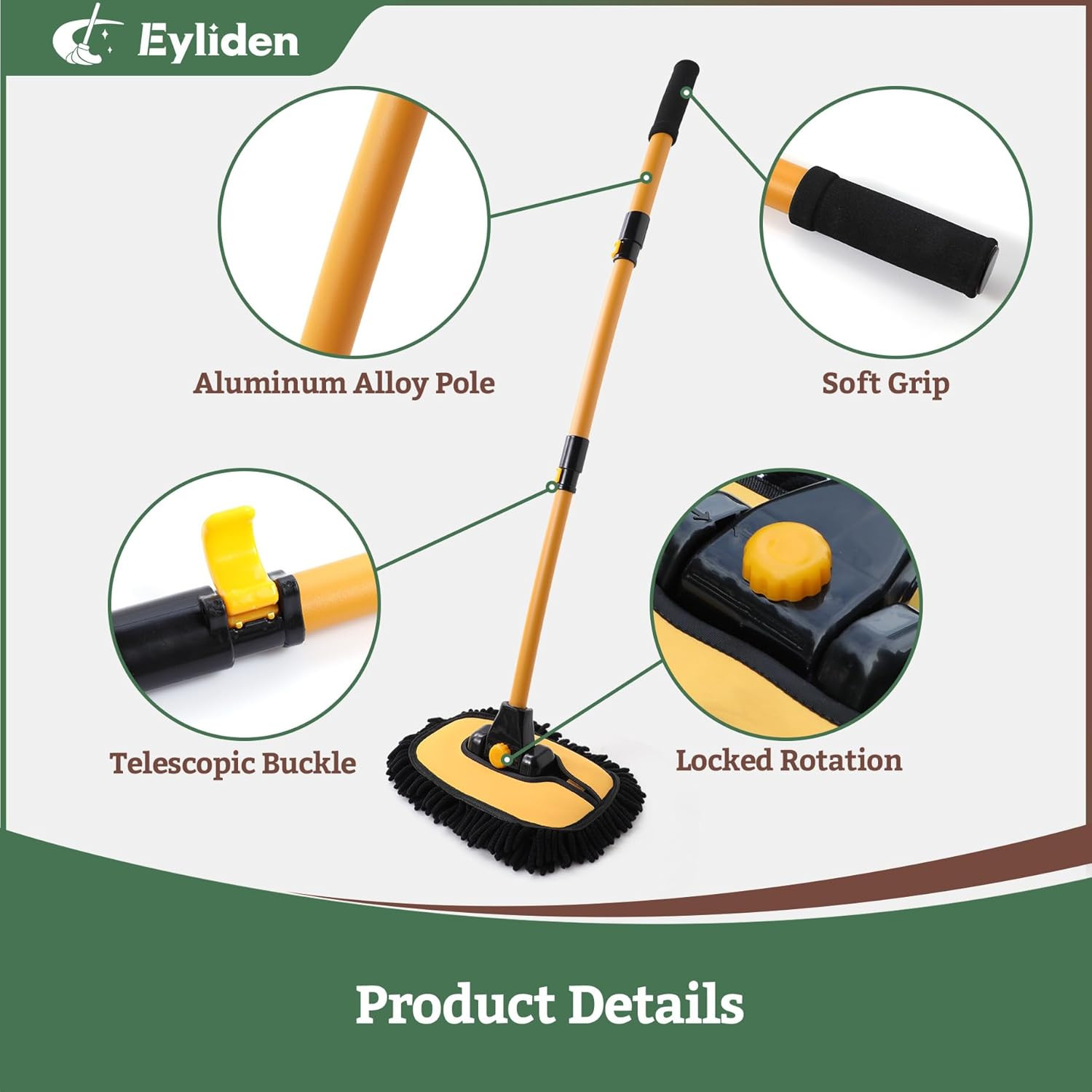 Eyliden Car Wash Brush Mop with Long Handle, 90° Swivel Head with 45° Angle Lock