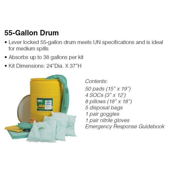 Brady Spill Kit, 40 gal Volume Absorbed per Kit, 55 gal Capacity, Drum, Yellow