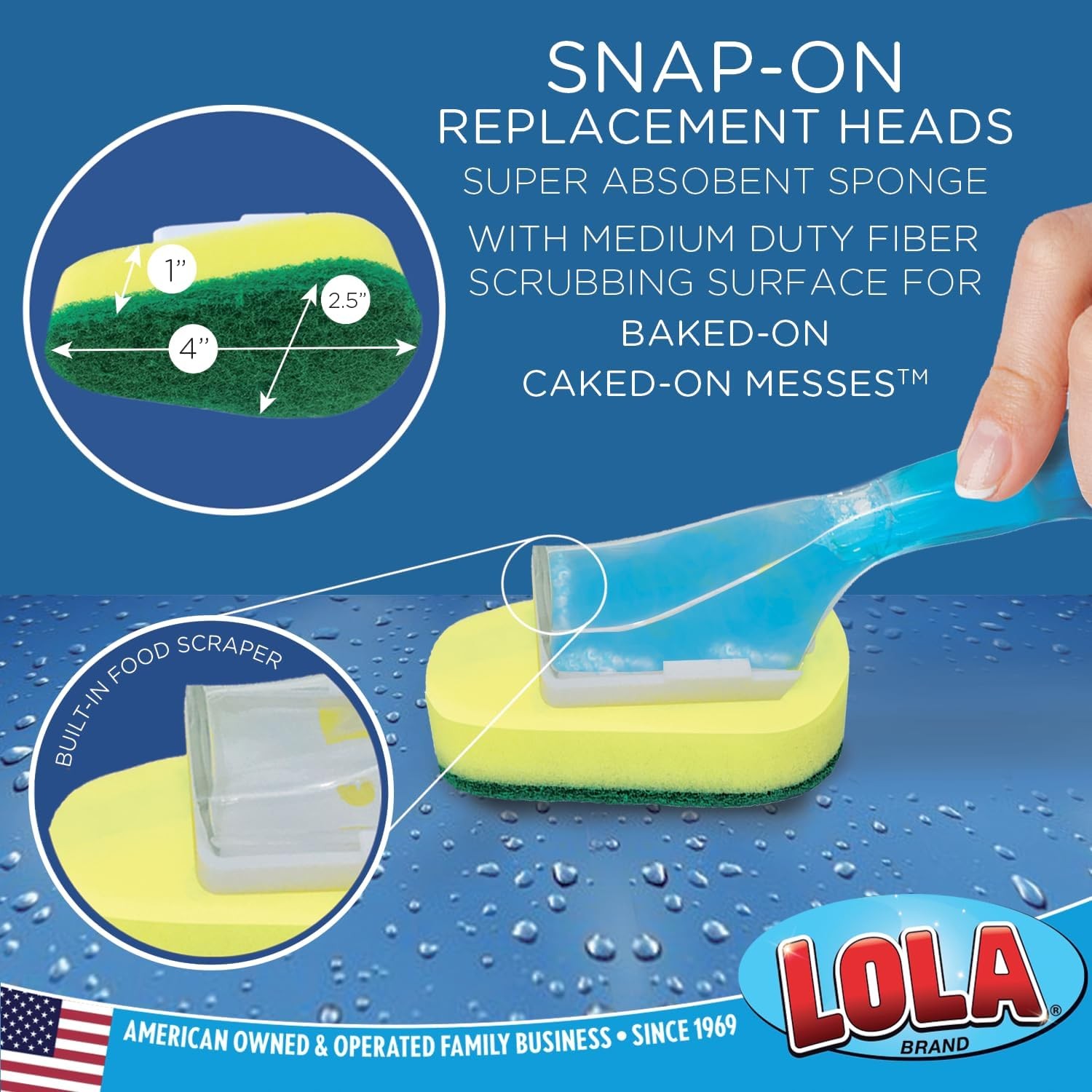 LOLA Dish Brush w/Soap Dispenser Wand, 1 Brush w/Head & 6 Refills, Absorbent Spo