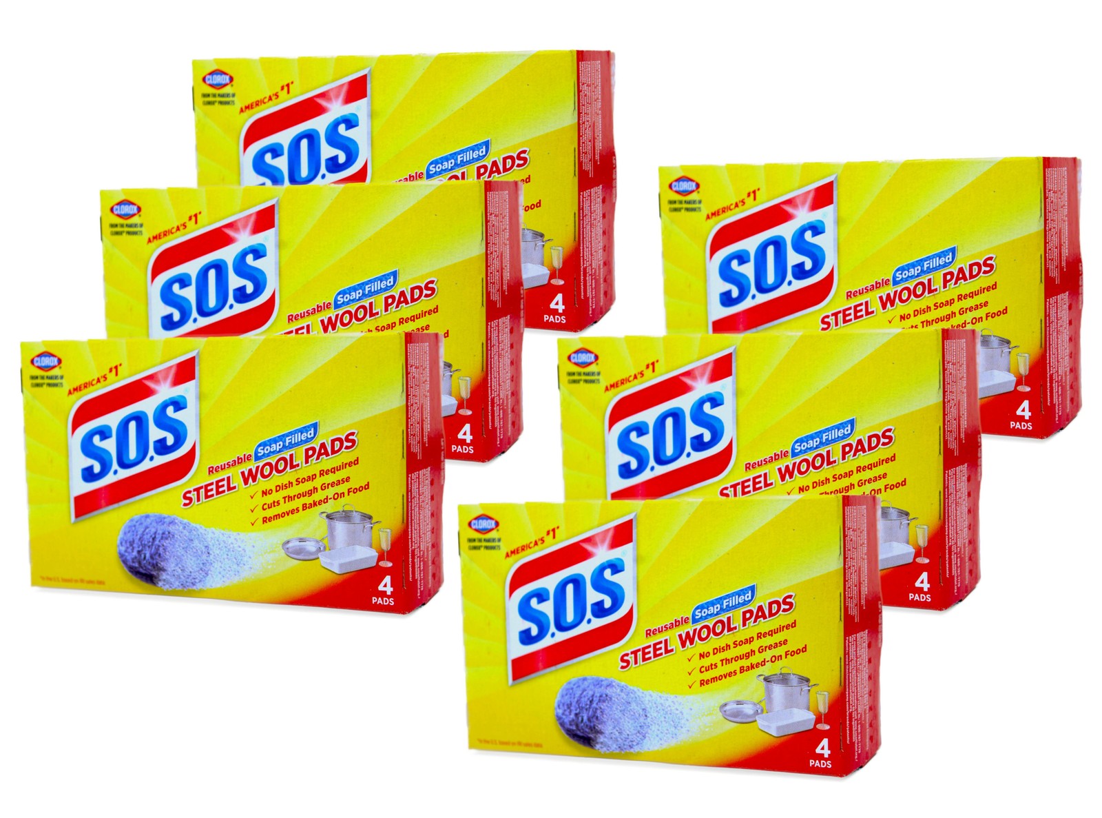 Clorox S.O.S. Steel Wool Soap Pads Reusable with Anti-Rust Protection 4 Ct 6 Pk