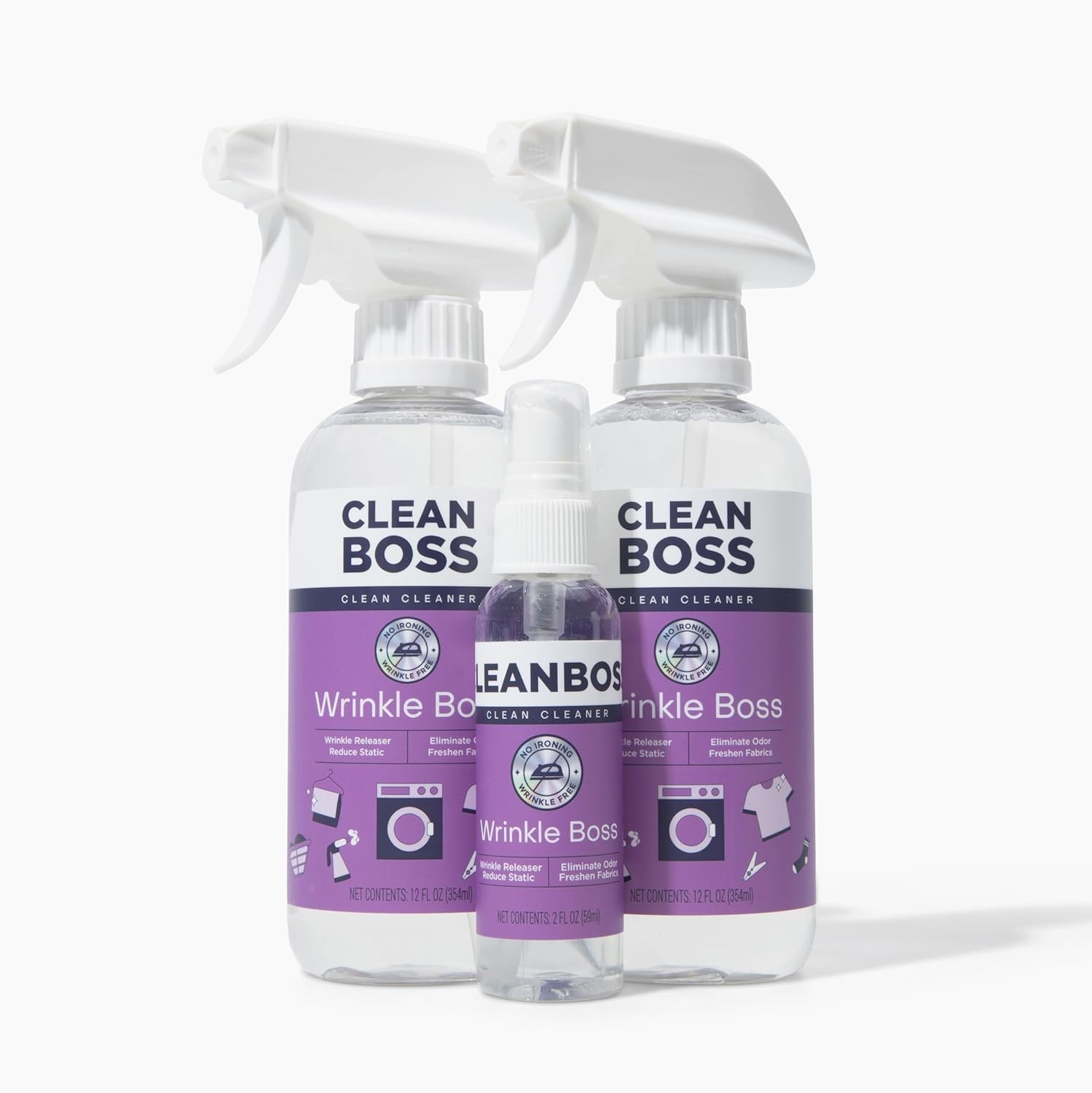 Wrinkle Boss Release Spray for Clothing – 2 Bottles plus 1 Mini Travel Size Wrin