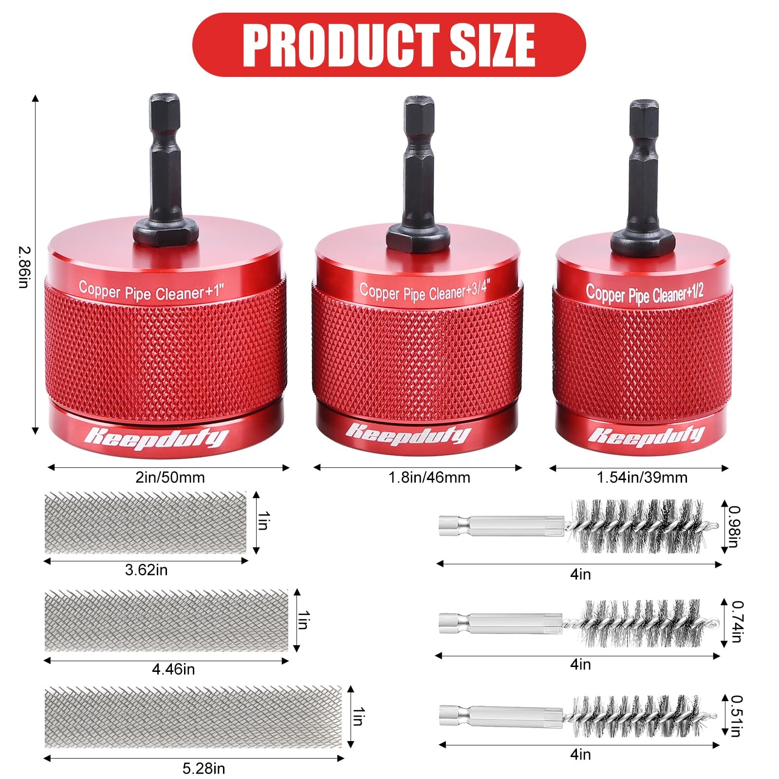 1/2″ & 3/4″ & 1″ Copper Pipe Cleaner for Drill, with 1/4″ Hex Shank & 6 Brush…