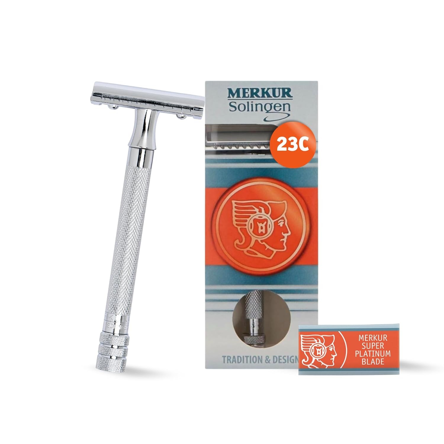 MERKUR 23C Double Edge Safety Razor – Polished Chrome, Long Knurled Brass Hand