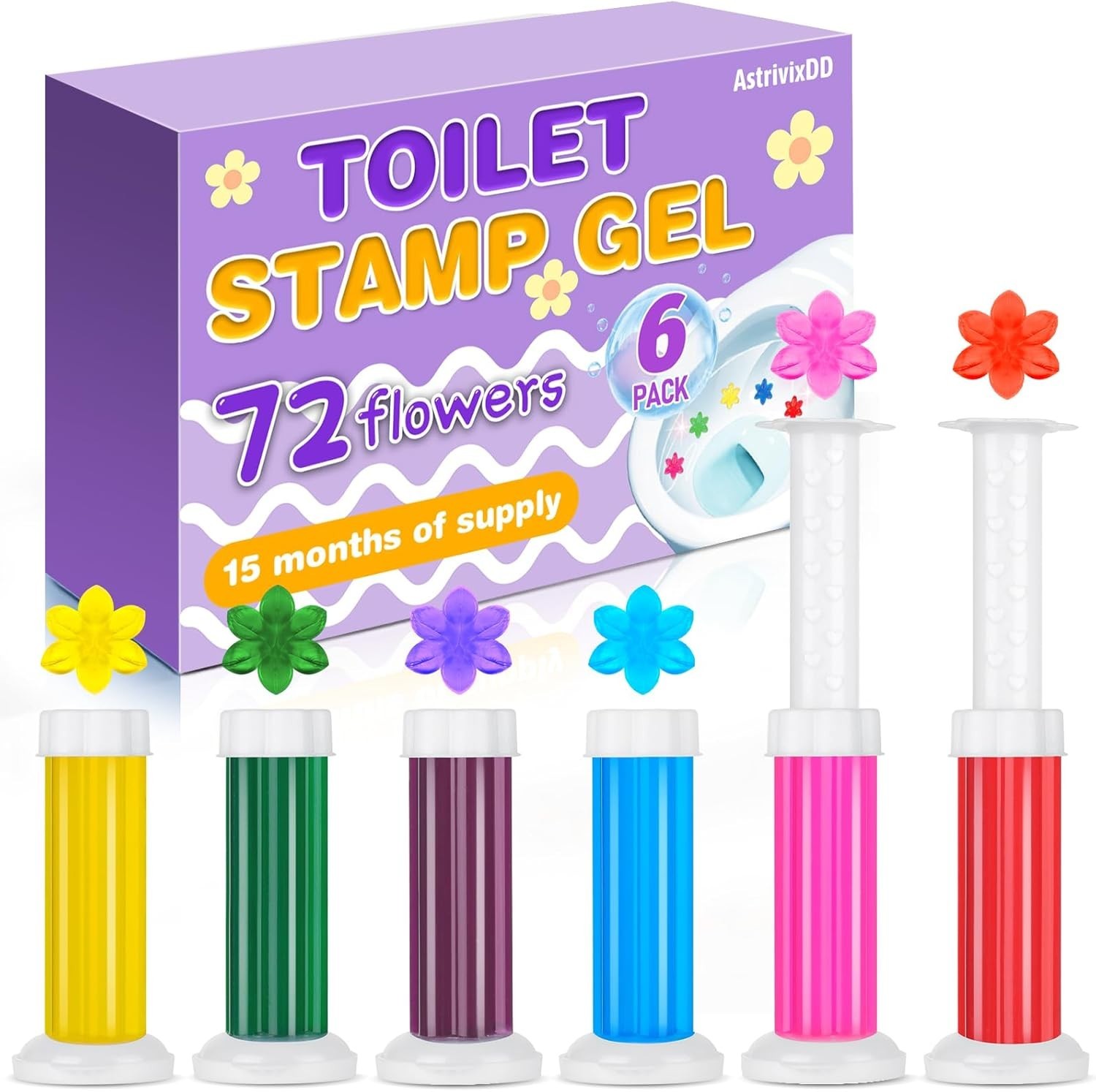 6-Pack Toilet Gel Stamps – 72 Stamps, 6 Scents, Flowers Shaped, Long-Lasting