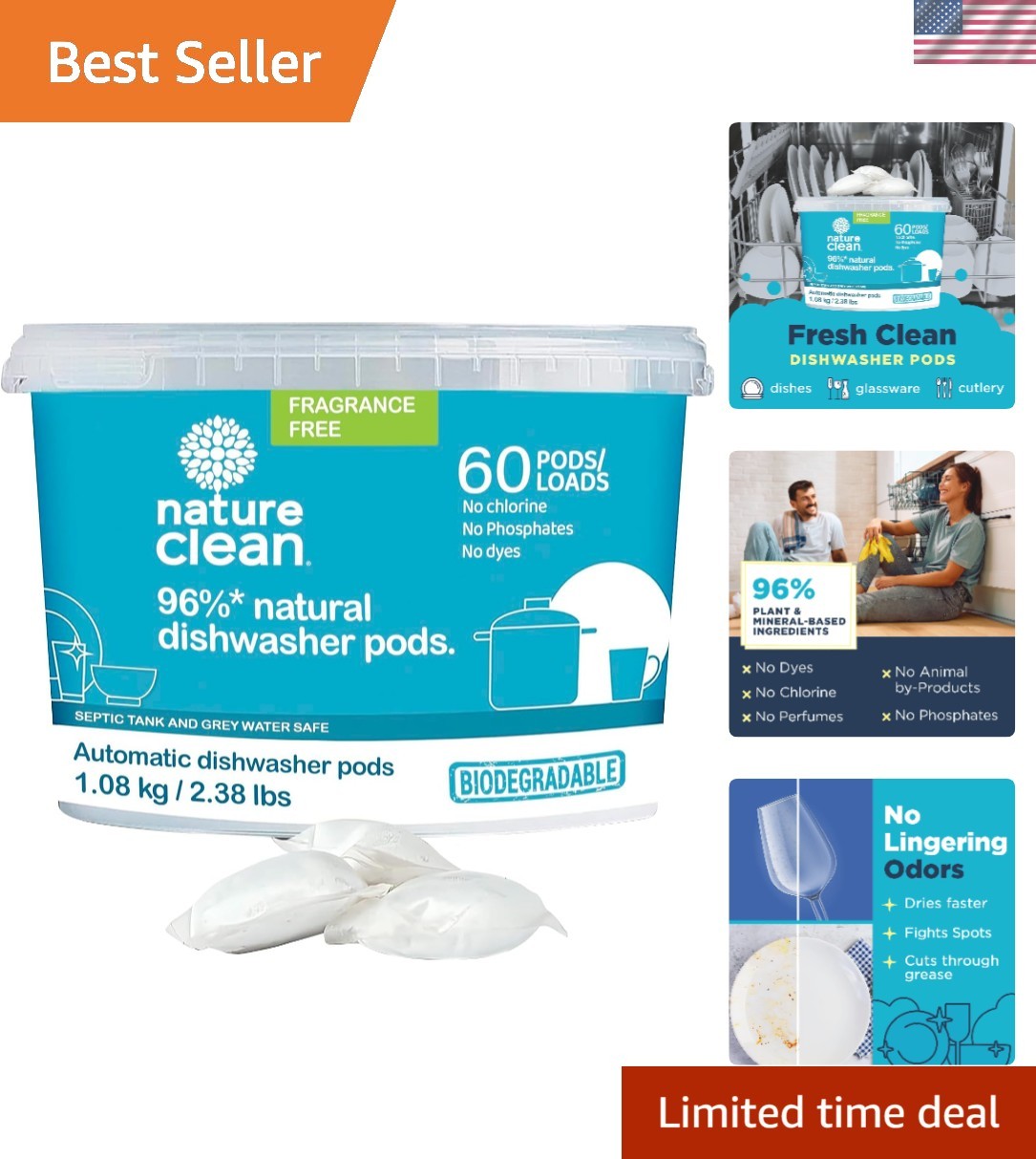 60 Count All-Natural Dishwasher Pods – Plant-Based, Non-Toxic & Powerful