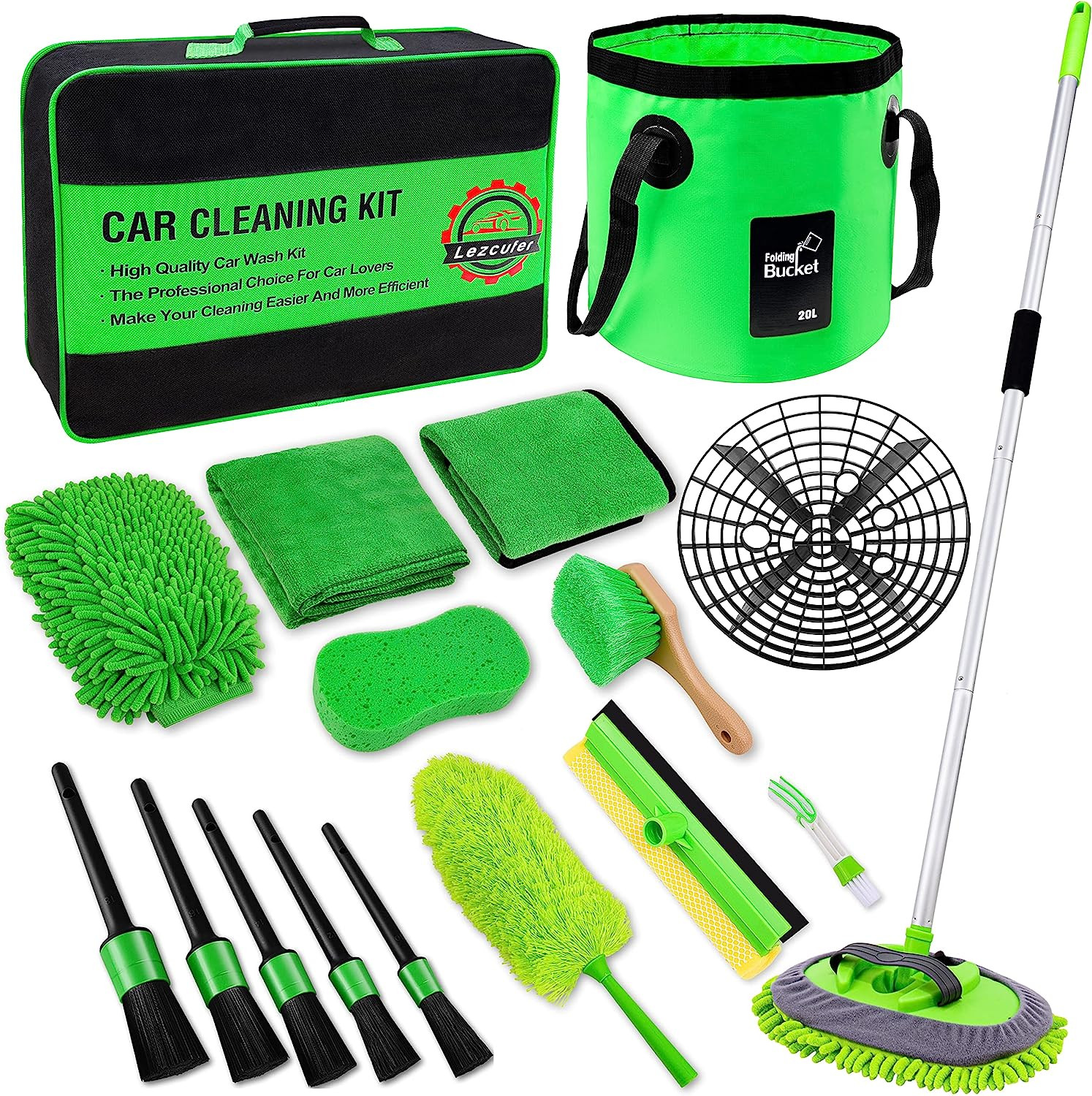 17Pcs Car Wash Kit,62″ Car Wash Brush Mop with Long Handle,Car Cleaning Kit,C…