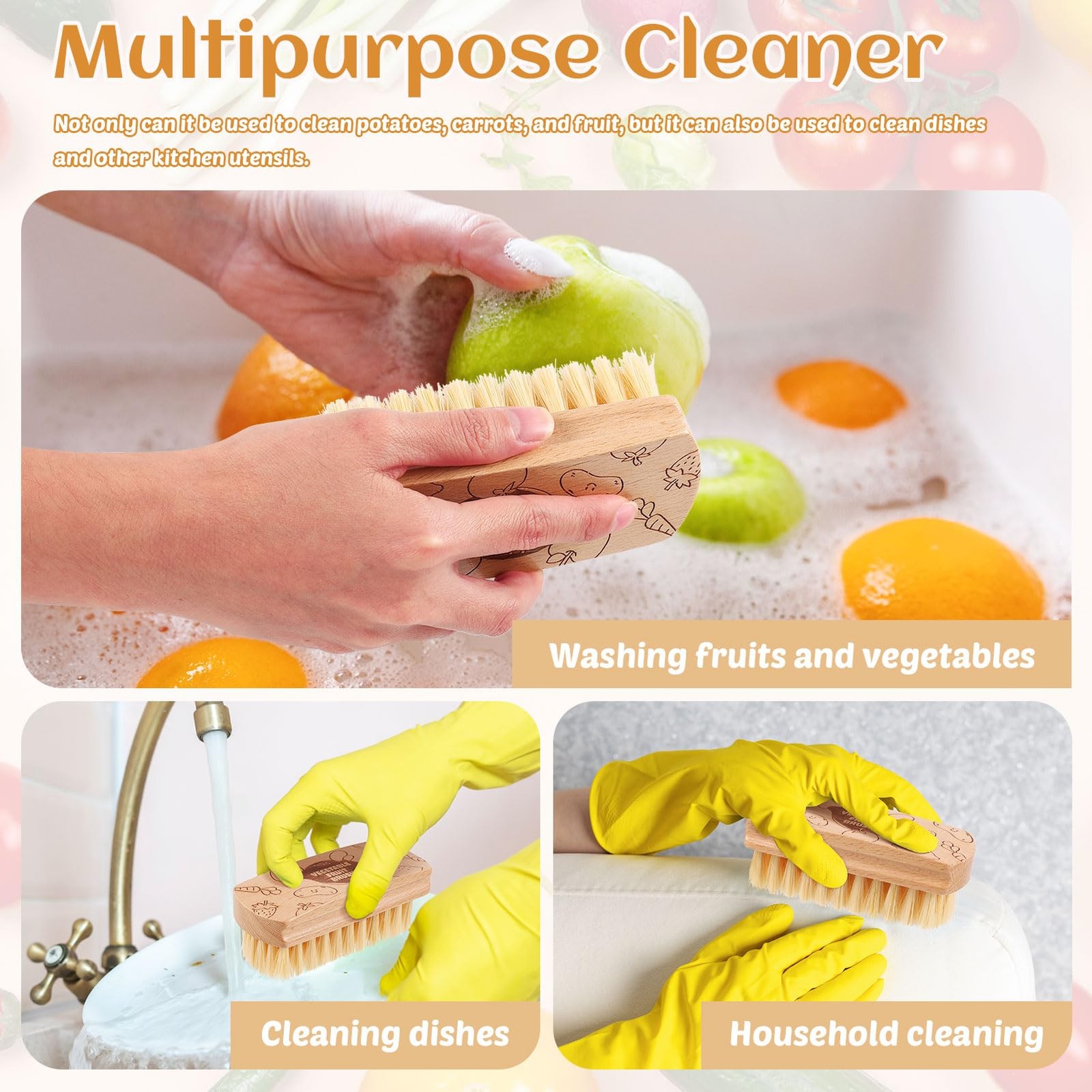 Vegetable and Fruit Cleaning Brush Scrubber Beechwood Handle Fruits Veggie Wa…