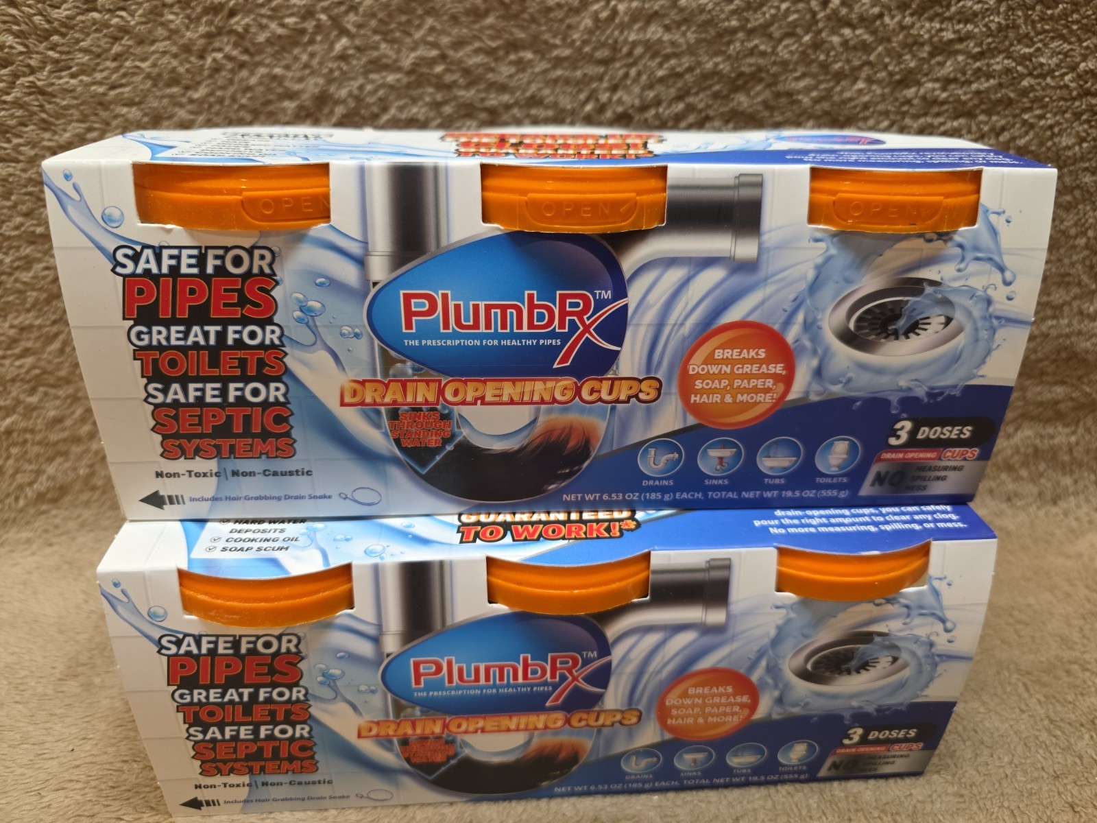 Lot of 2 Packages: PlumbRx Drain Opener Powder Cups + Hair Snake, 6 Total Cups