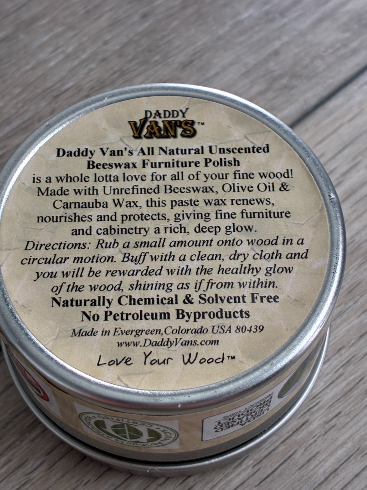 Daddy Vans All Natural Beeswax Olive Oil Carnauba Furniture Polish Unscented 5oz
