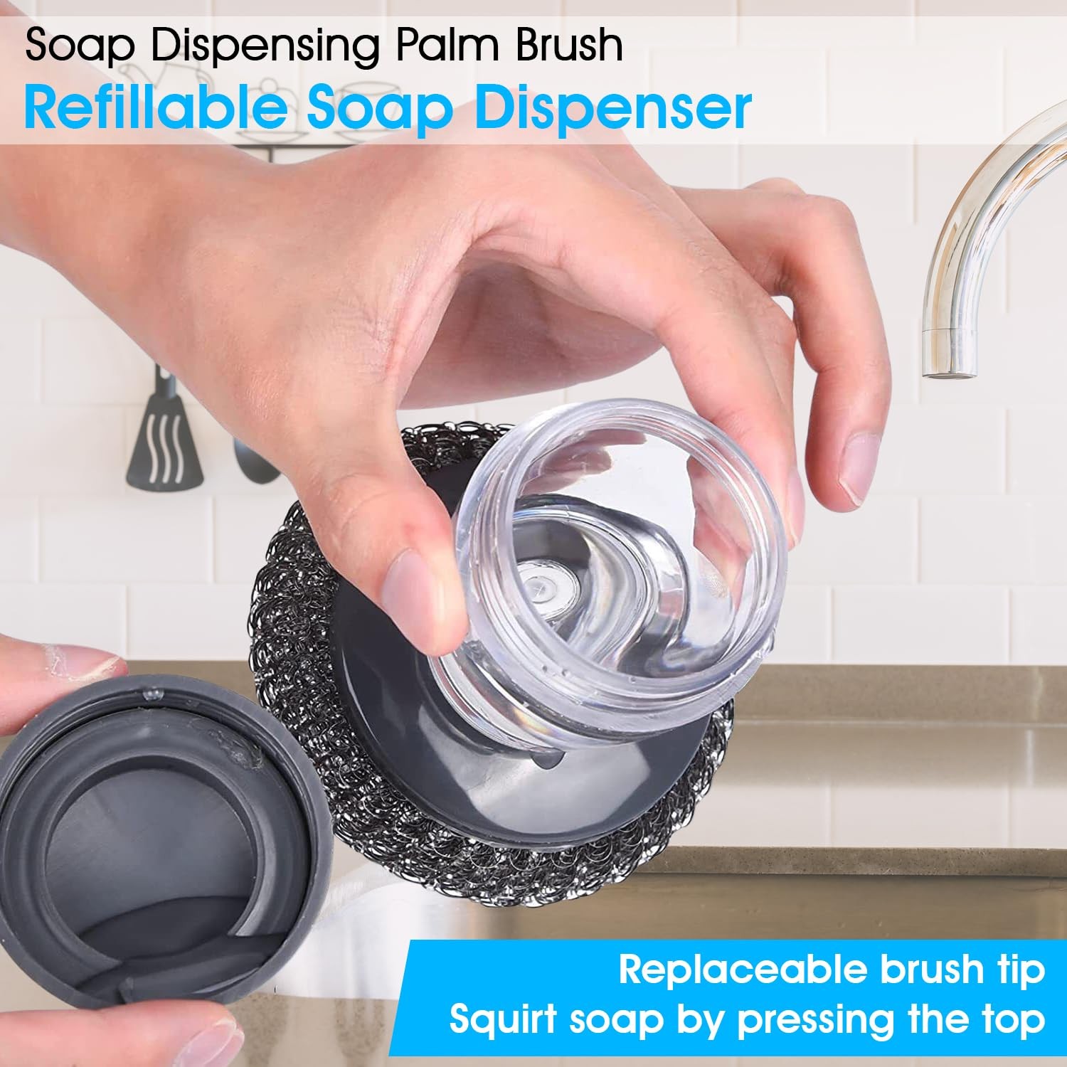 Soap Dispenser Palm Brush Sponge for Kitchen Sink Pan Pot Oven & Other Dish