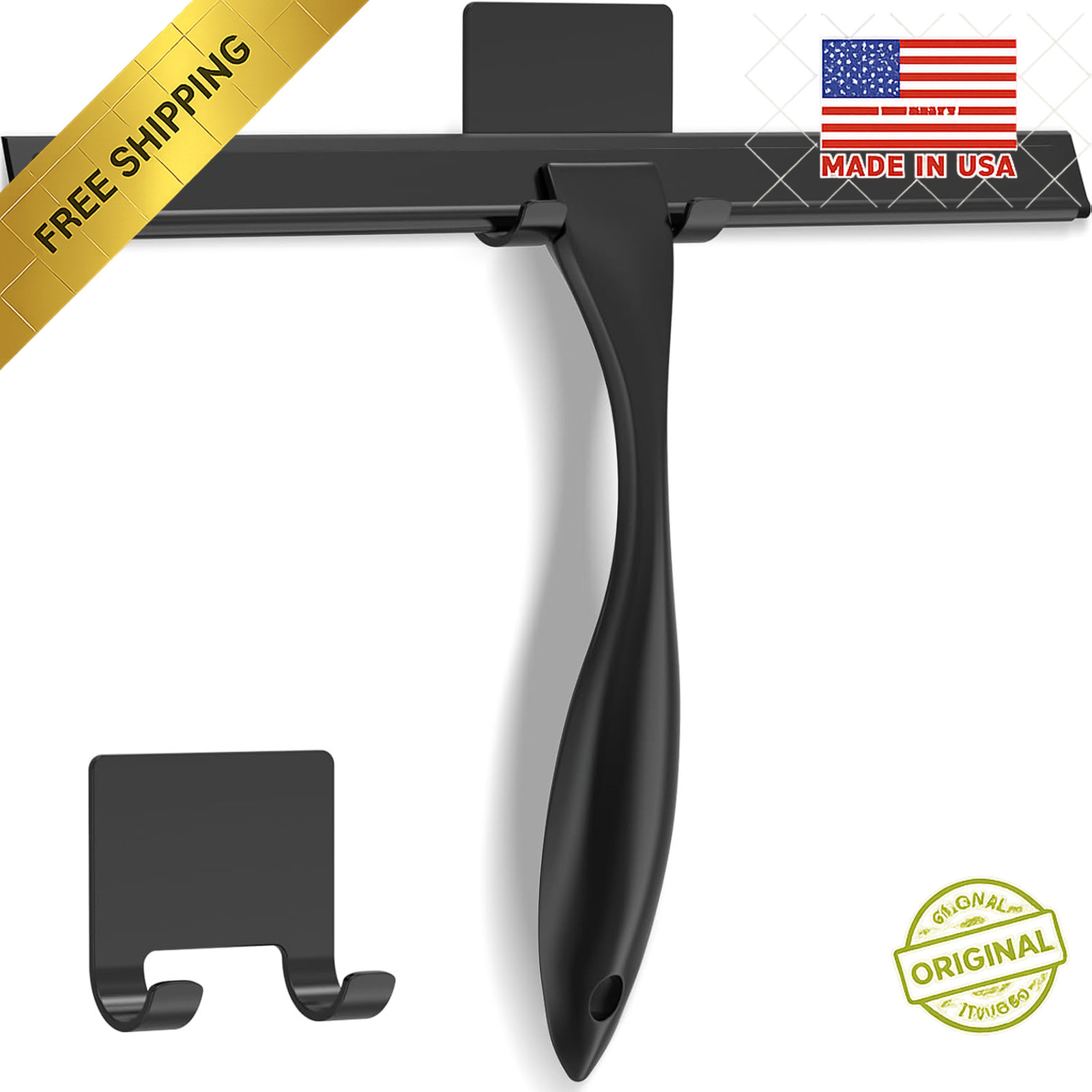 10in Stainless Steel Shower Squeegee Glass Window Cleaner w/ Hook Black