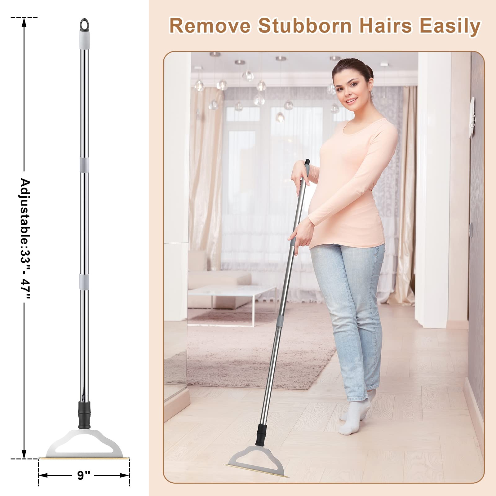 47“ Adjustable Long Handle Carpet Rake Pet Hair , Reusable Large Metal Lint B…