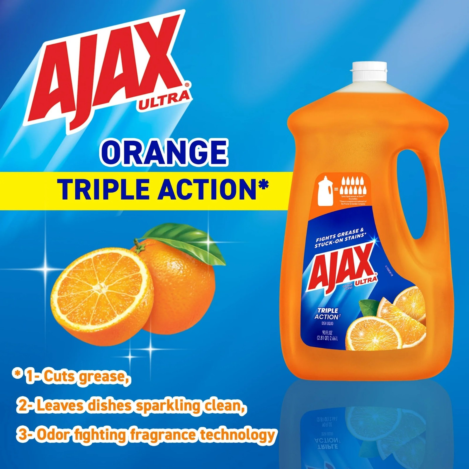 Ajax Ultra Triple Action Dishwashing Liquid Dish Soap, Orange, 90 Fluid Ounce