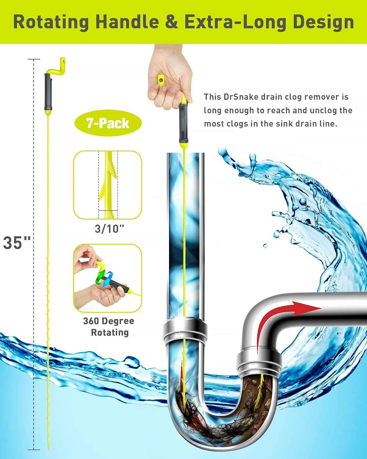 35Inch Drain Clog Remover, Drain Cleaner Hair Clog Remover with Rotating Handle