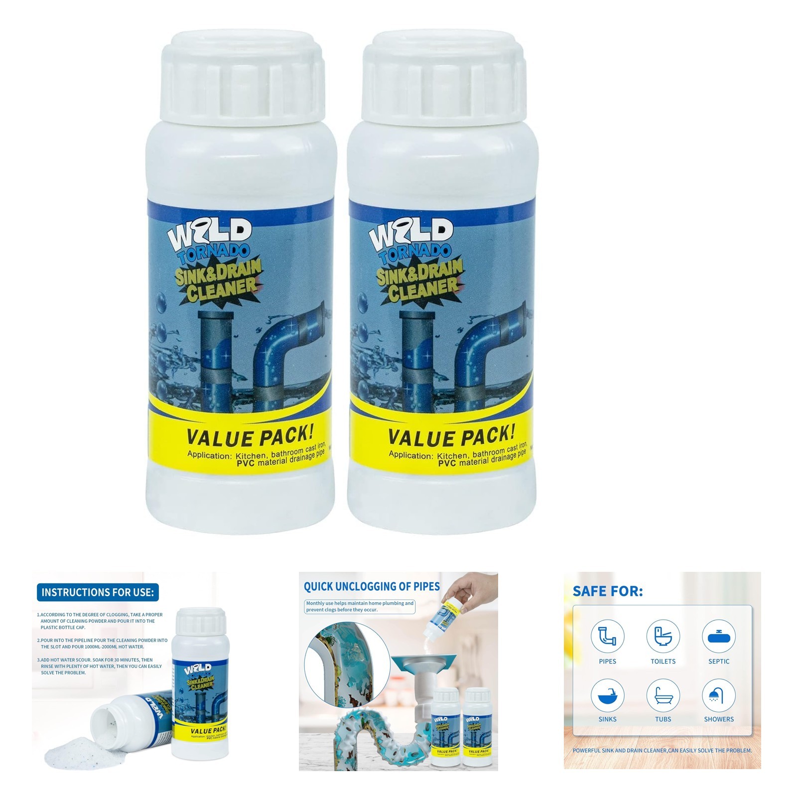 Wild Tornado Pipe Dredge Powder, Powerful Sink Cleaner Fast Foaming Kitchen