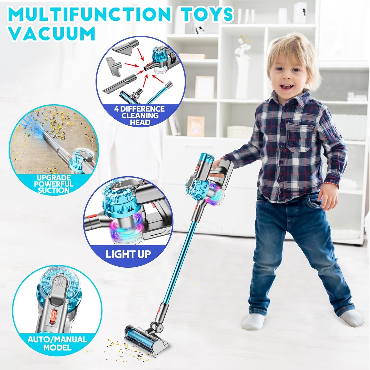 Kids Toy Vacuum Cleaner Set with Real Suction and Light, 4-in-1 Pretend Play