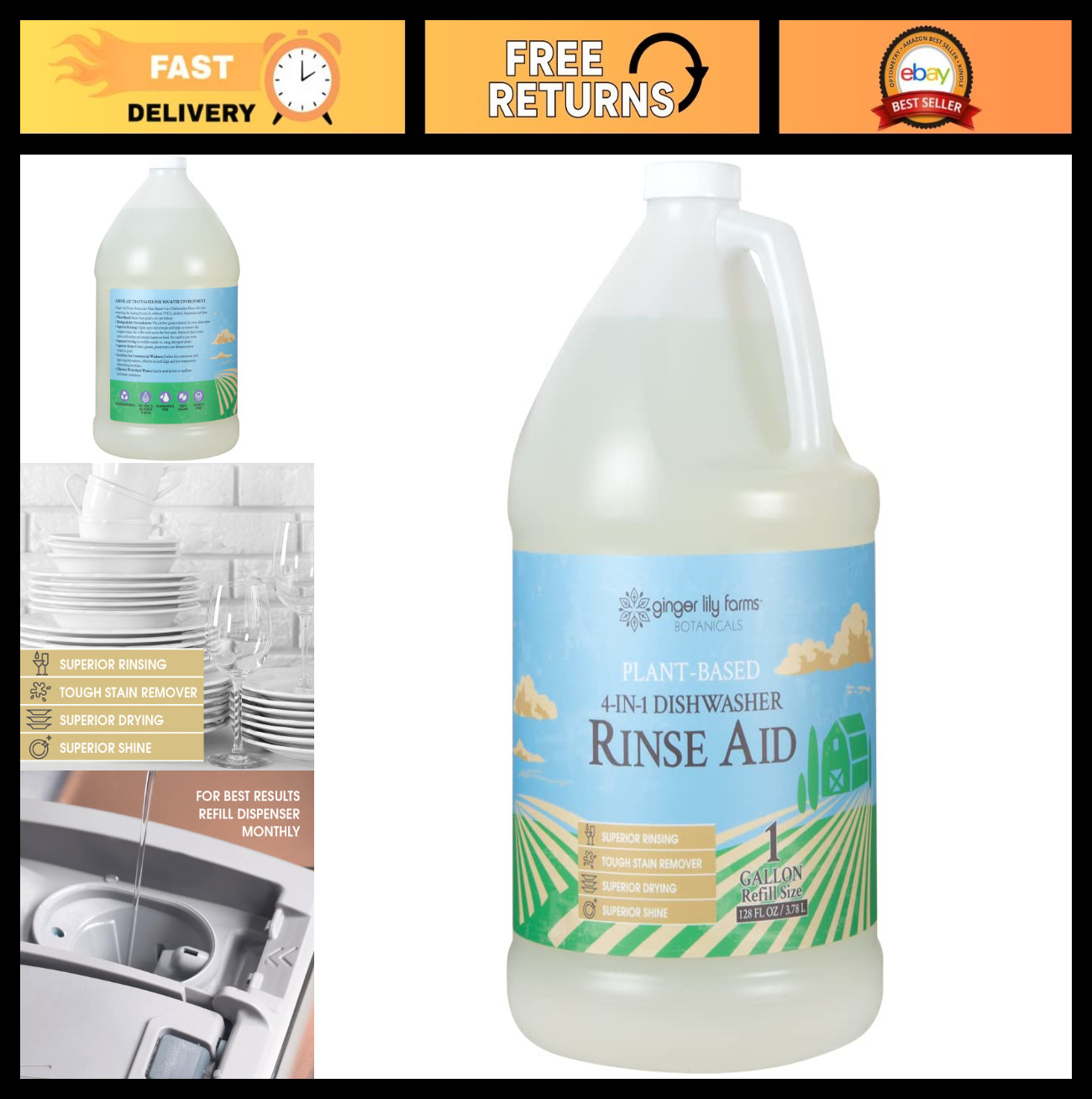 Plant-Based 4-In-1 Dishwasher Rinse Aid, Vegan, Cruelty-Free, Fragrance-Free, 1