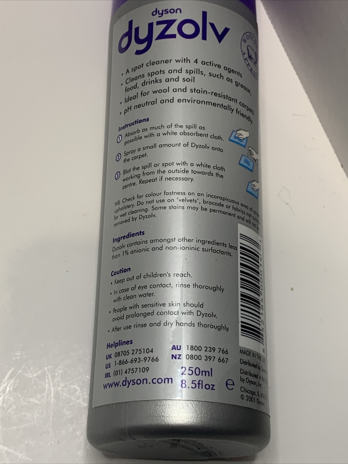 Dyson Dyzolv Spot Cleaner for Carpets & Rugs 4 Active Agents 8.5 oz New 2001