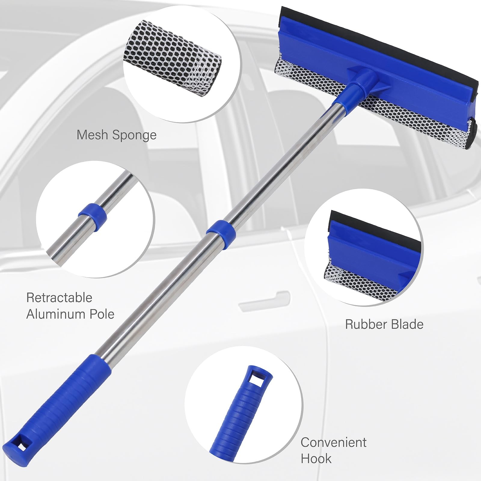2in1 Car Windshield Cleaner with Squeegee, Sponge, and Retractable Handle