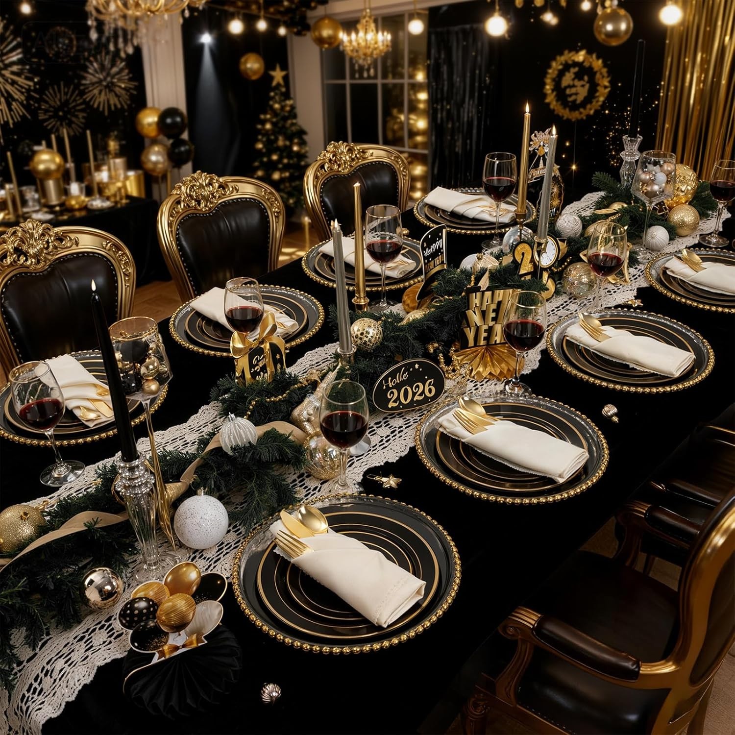 350 Pieces Black and Gold Plastic Plates with Disposable Silverware, Include 5