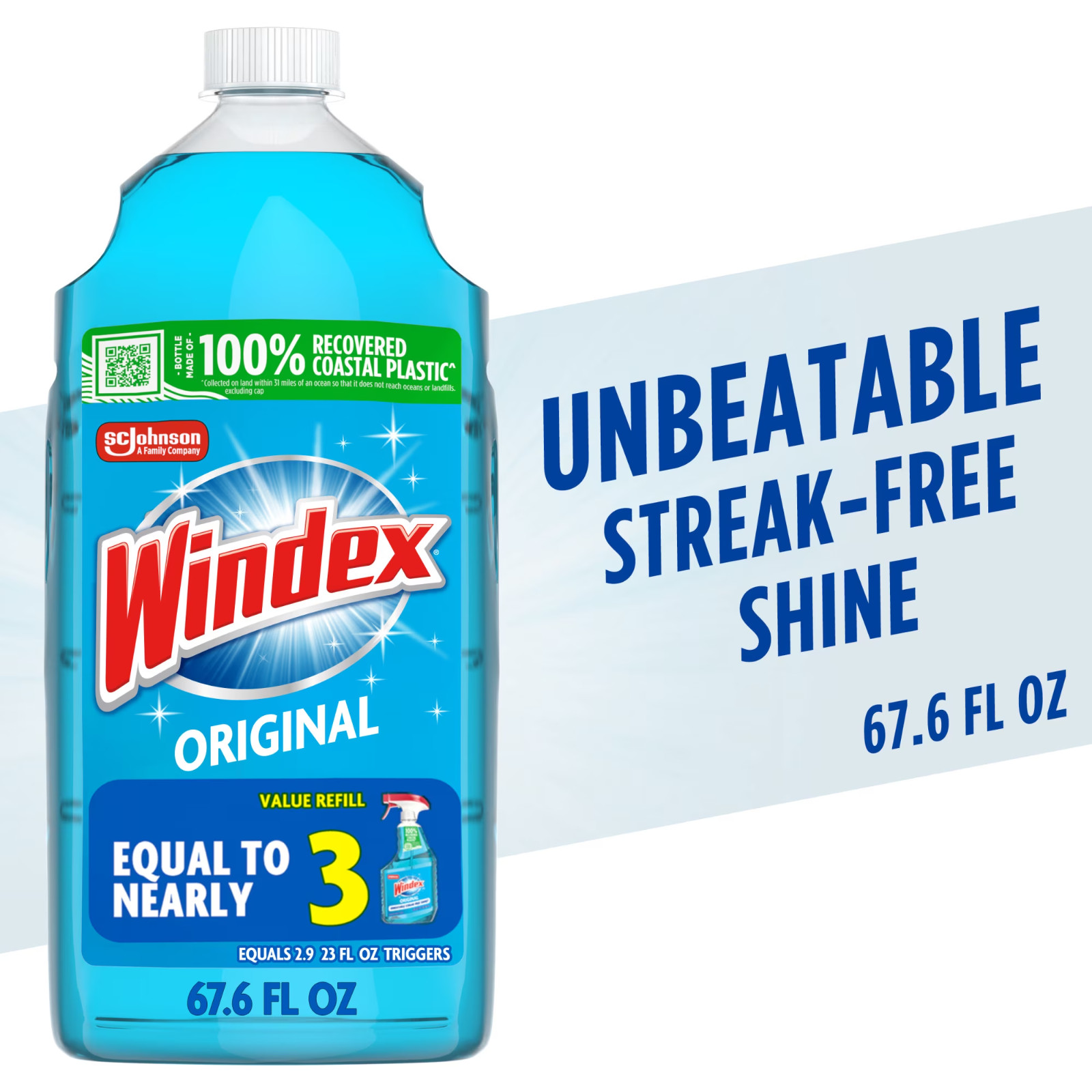 Windex Glass, Window, and Mirror Cleaner Refill, Original Blue, 2 L
