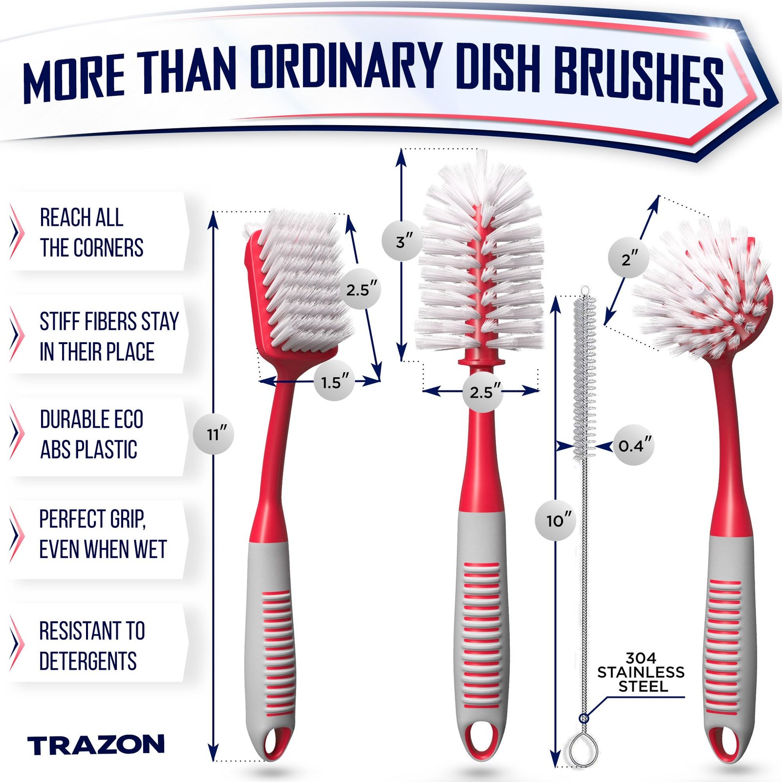 Dish Brush Set of 4 – Kitchen Scrub Brushes with Non-Slip Long Handle for Cle…