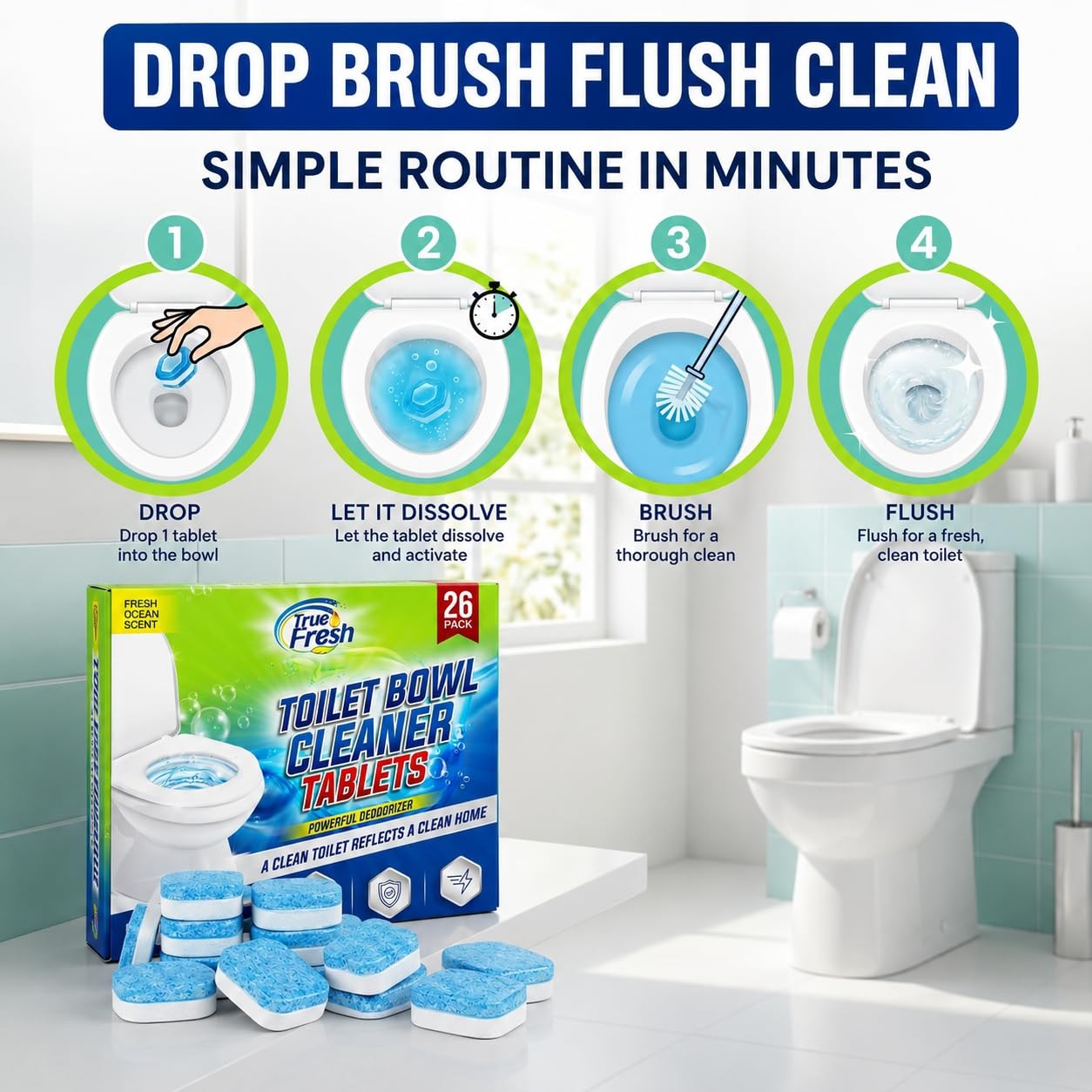 Septic Safe Toilet Cleaner Tablets Ocean Scent Toilet Bowl Cleaner 26 Pack