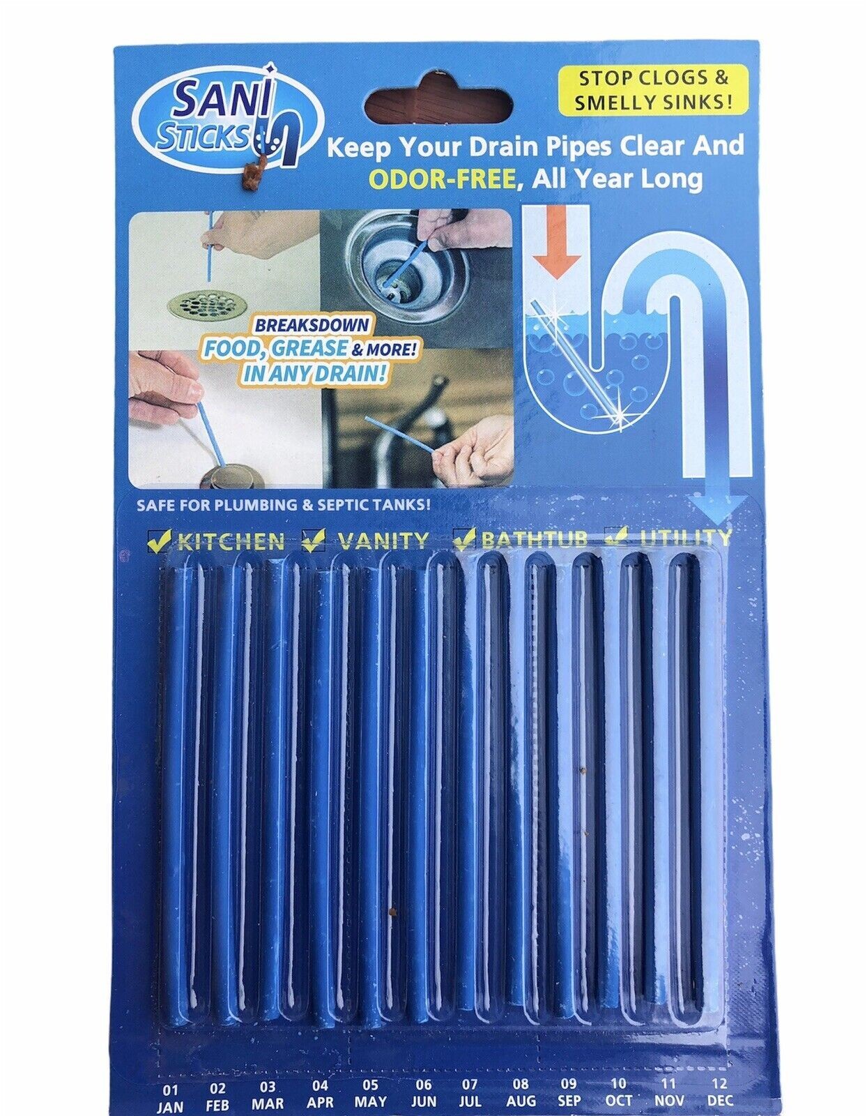 Sani Sticks As Seen on TV Drain Pipes Cleaner and Deodorizer Unscented US