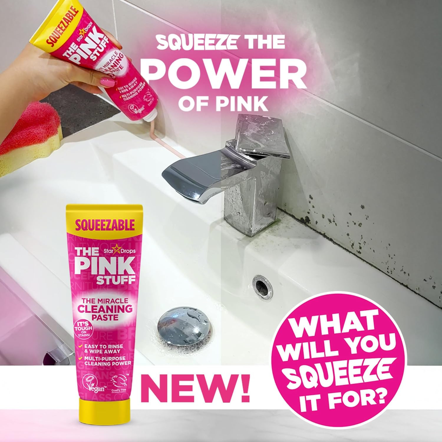 The Pink Stuff Squeezable Cleaning Paste 300G with Sqeezy Scrubber Sponge | Powe