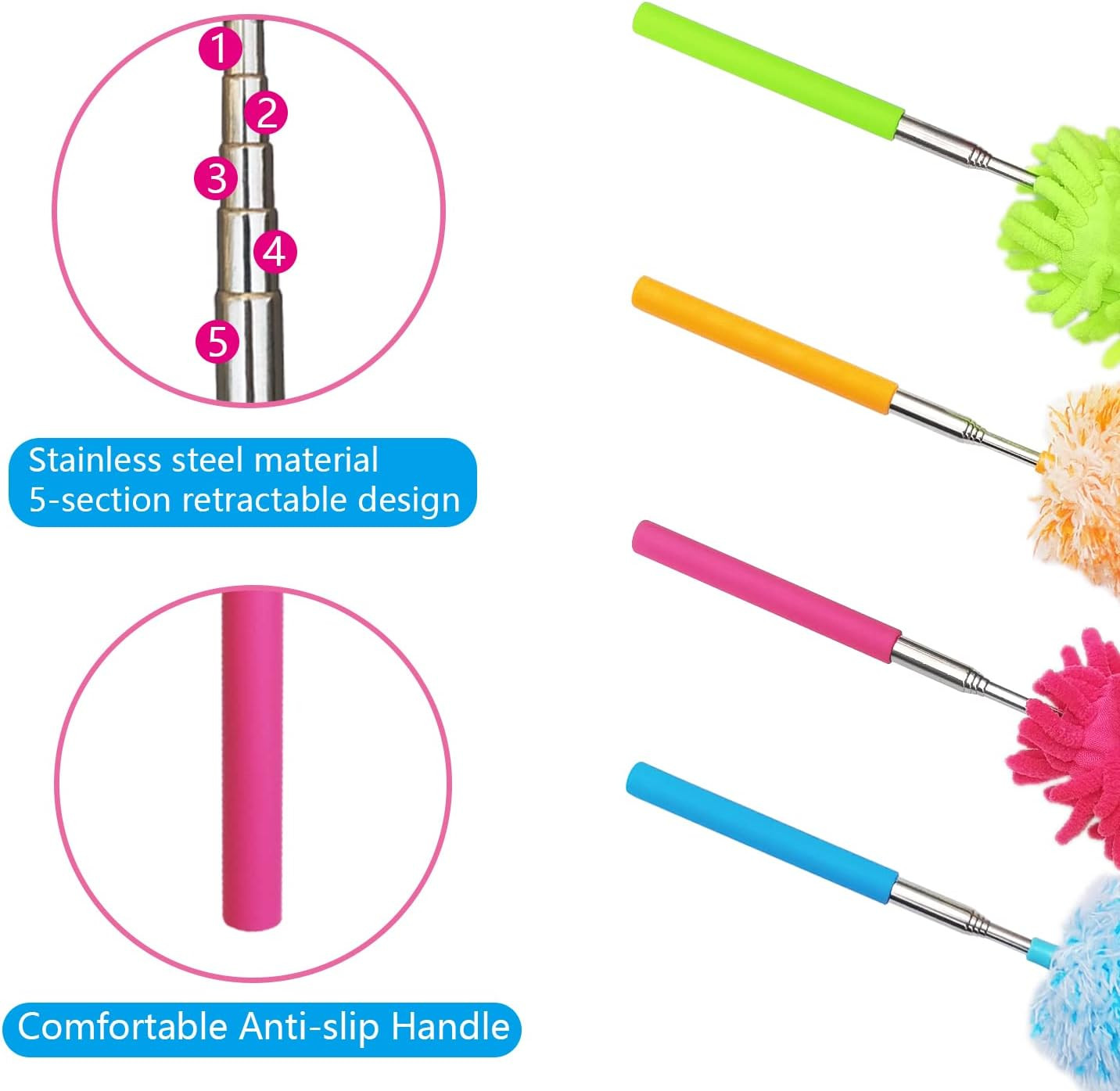 Extendable Microfiber Chenille Duster 4 Pack Bendable Head Telescoping Pole