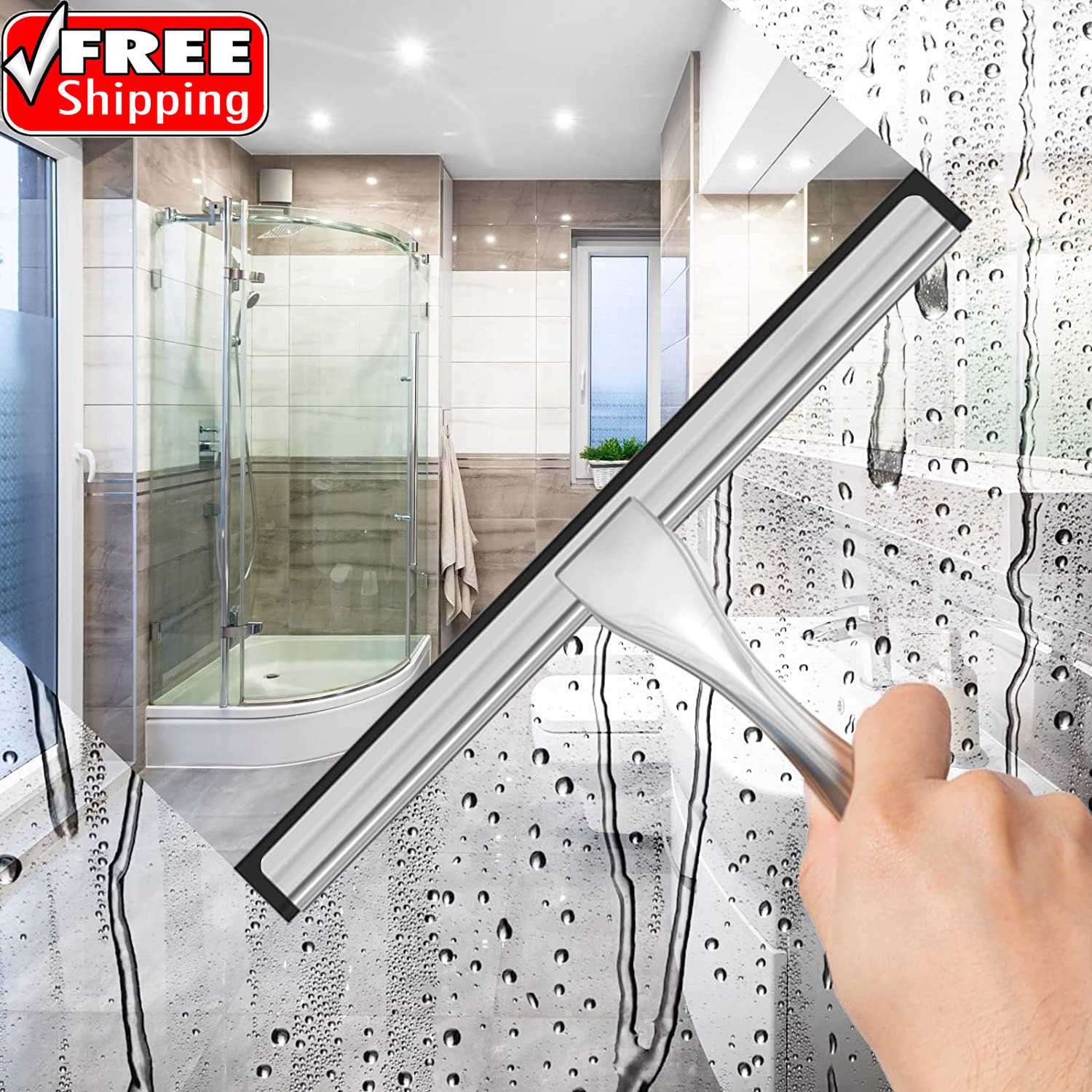 All-Purpose Stainless Steel Shower Squeegee for Shower Glass Door with 2 Adhesiv