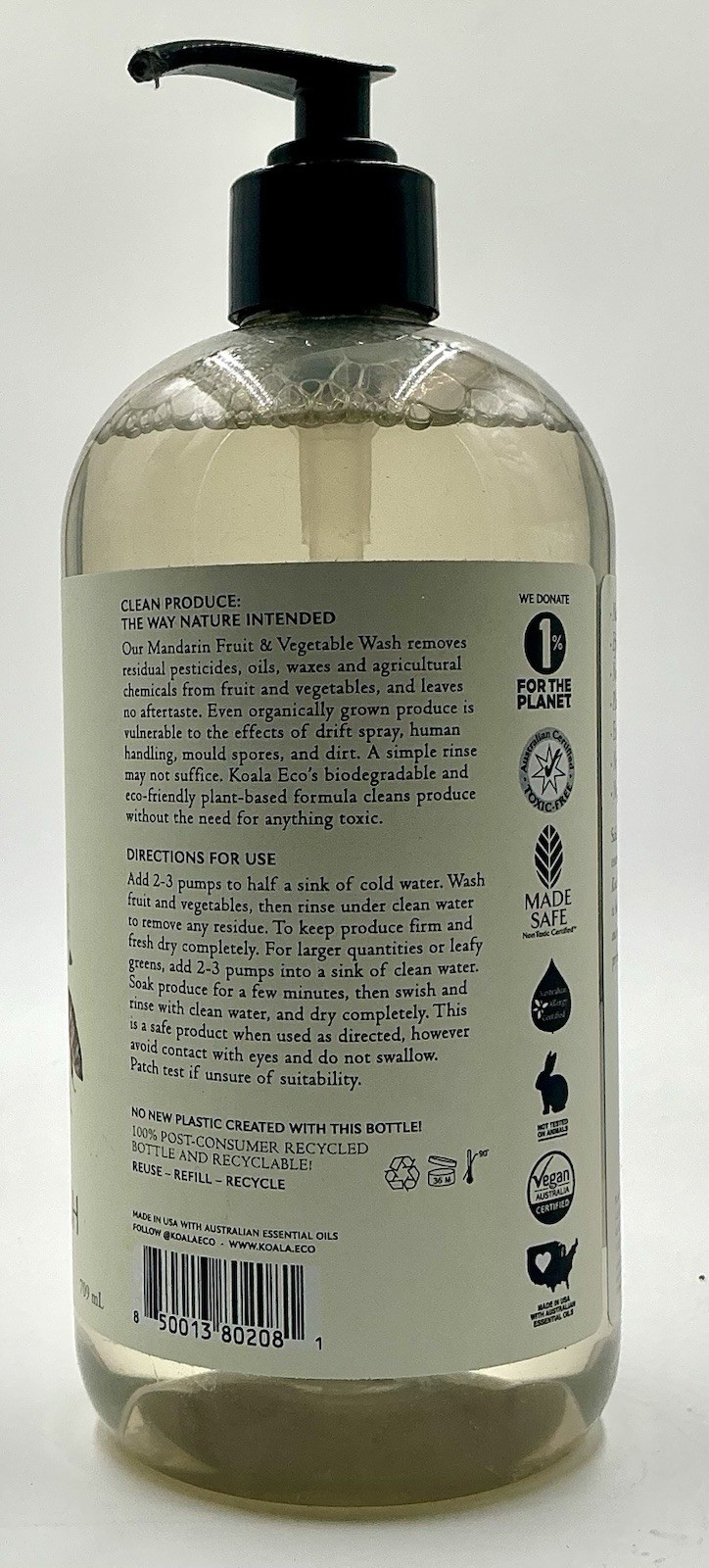 NATURAL FRUIT & VEGE WASH. Removes Pesticides, Wax, No Aftertaste By Koala Eco