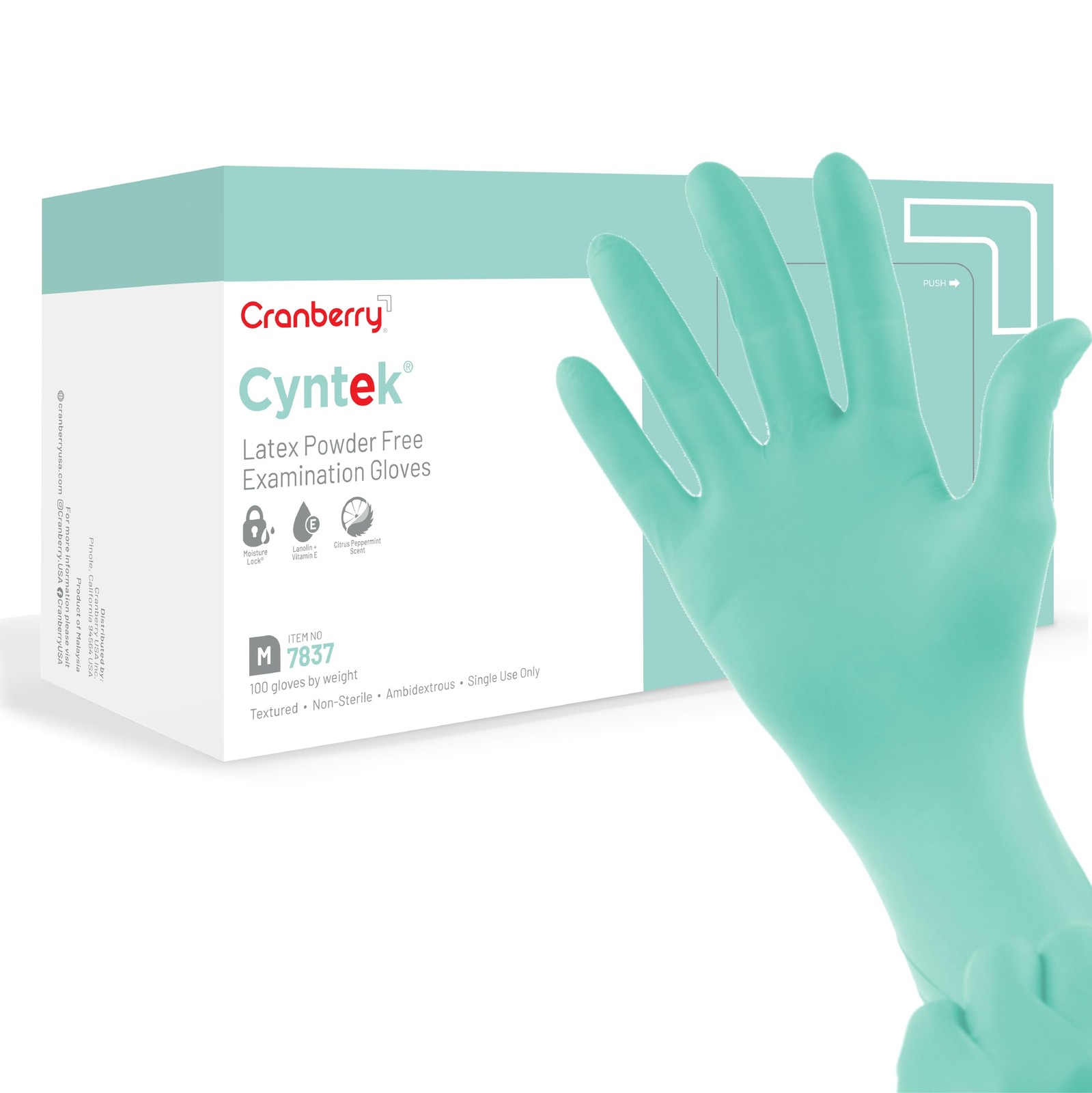 Cranberry USA CR7837 Cyntek Latex Powder Free Exam Gloves, Medium, green